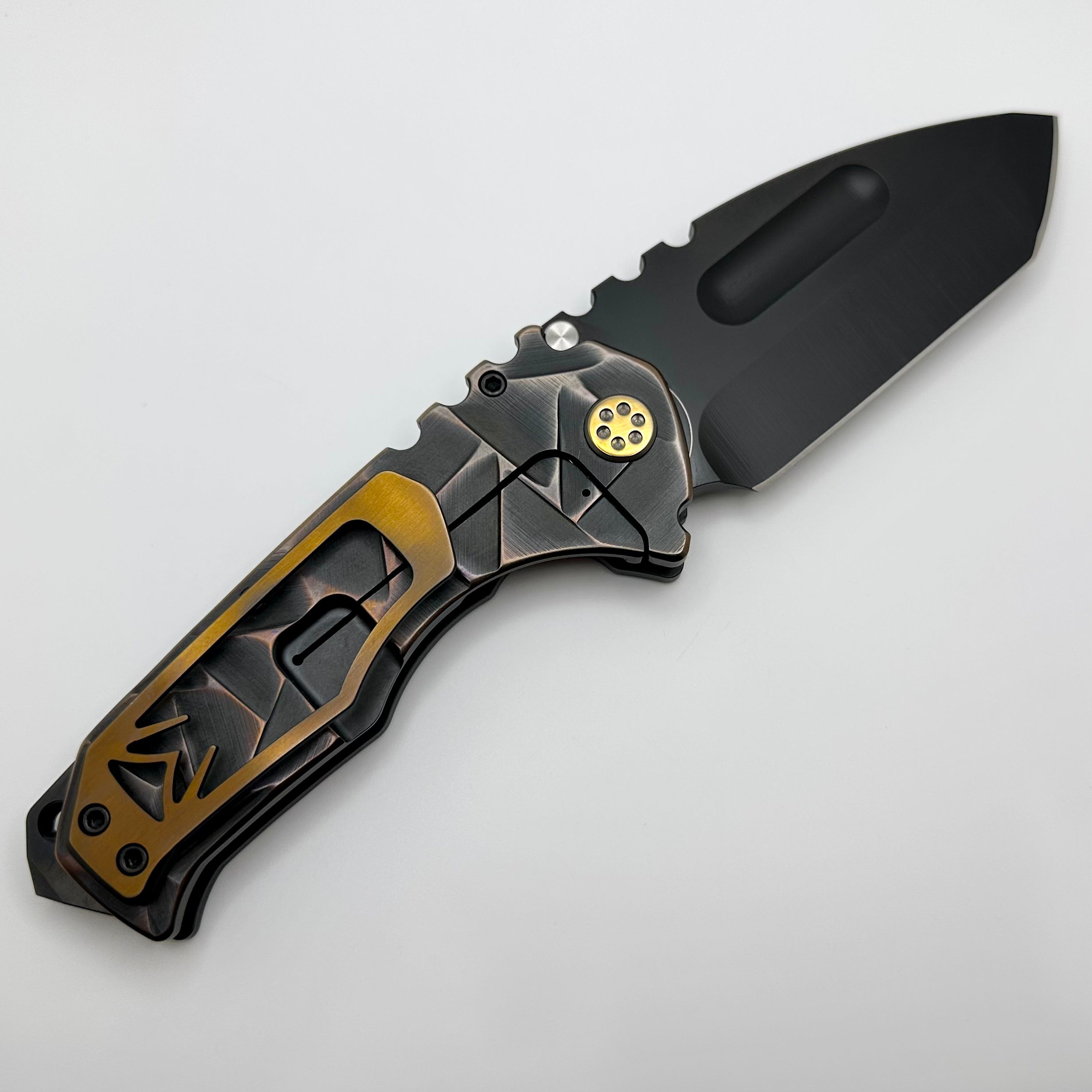 Medford Knife Praetorian TI PVD 3V Tanto - Premium Tactical Folding Knife with Cement Brushed Bronze Flats & Stained Glass Sculpting