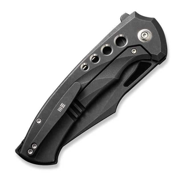 Premium WE Knife Swiftfin: Black Titanium Handles with Satin Holes & Black Stonewash 20CV Blade