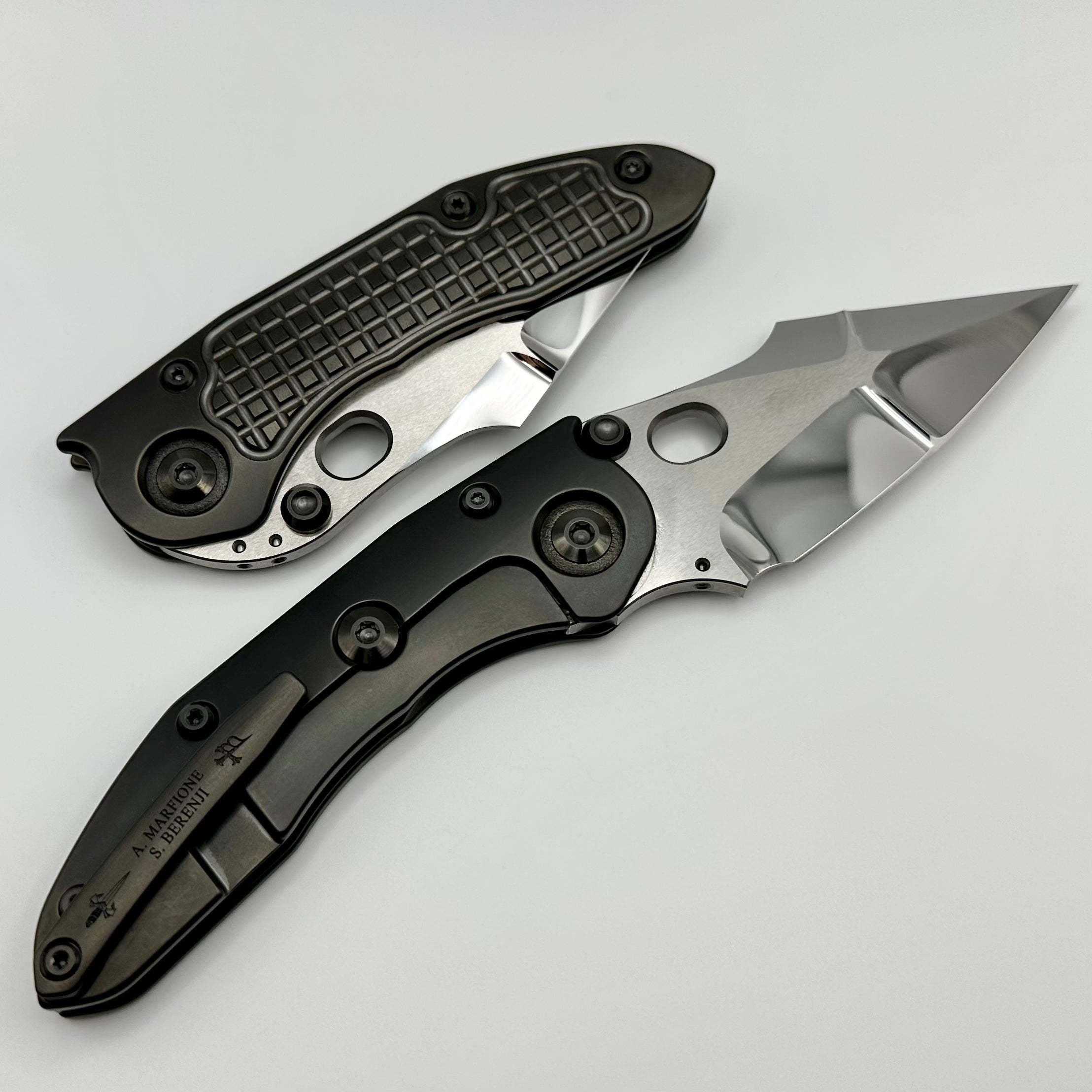 Marfione Custom Knives & Borka Blades Stitch Darkstar - Premium Liquid Metal Double Star Grind M390 & DLC Frag Titanium