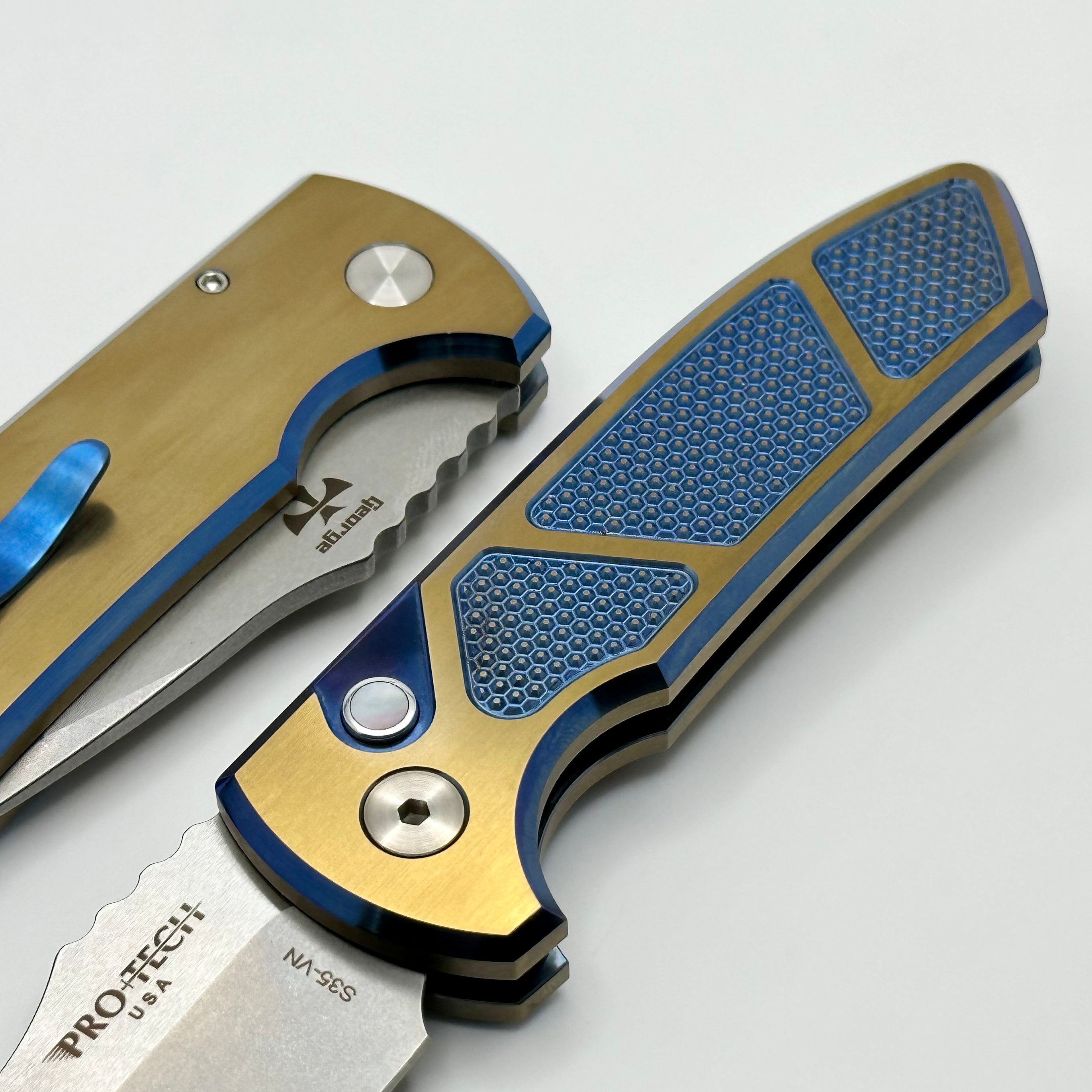 Pro-Tech SBR Ultimate Custom Knife: Blue/Bronze Titanium Handle, Stonewash S35VN Blade