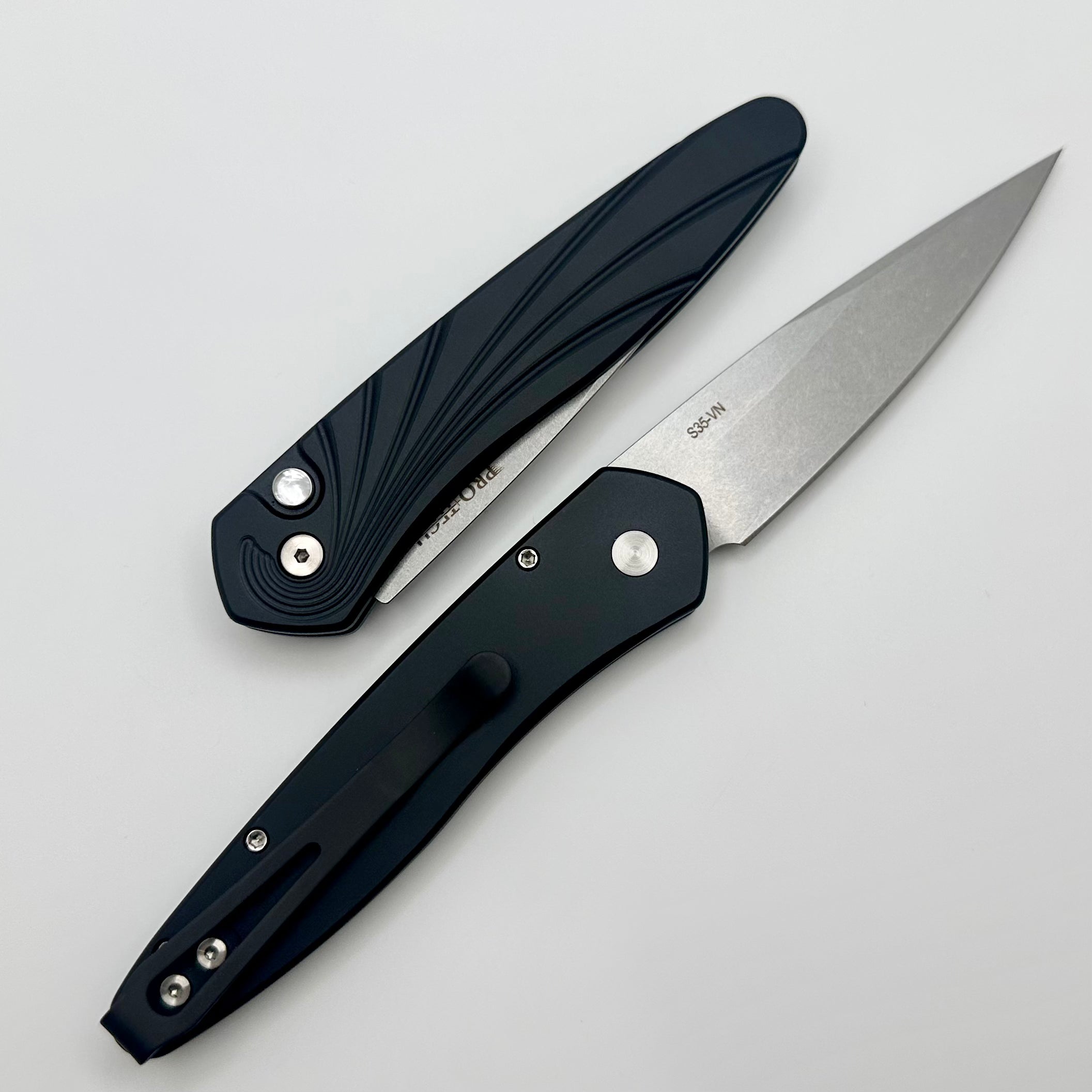 Premium Pro-Tech Newport Black 3D Wave with Mother of Pearl Button & S35VN Blade