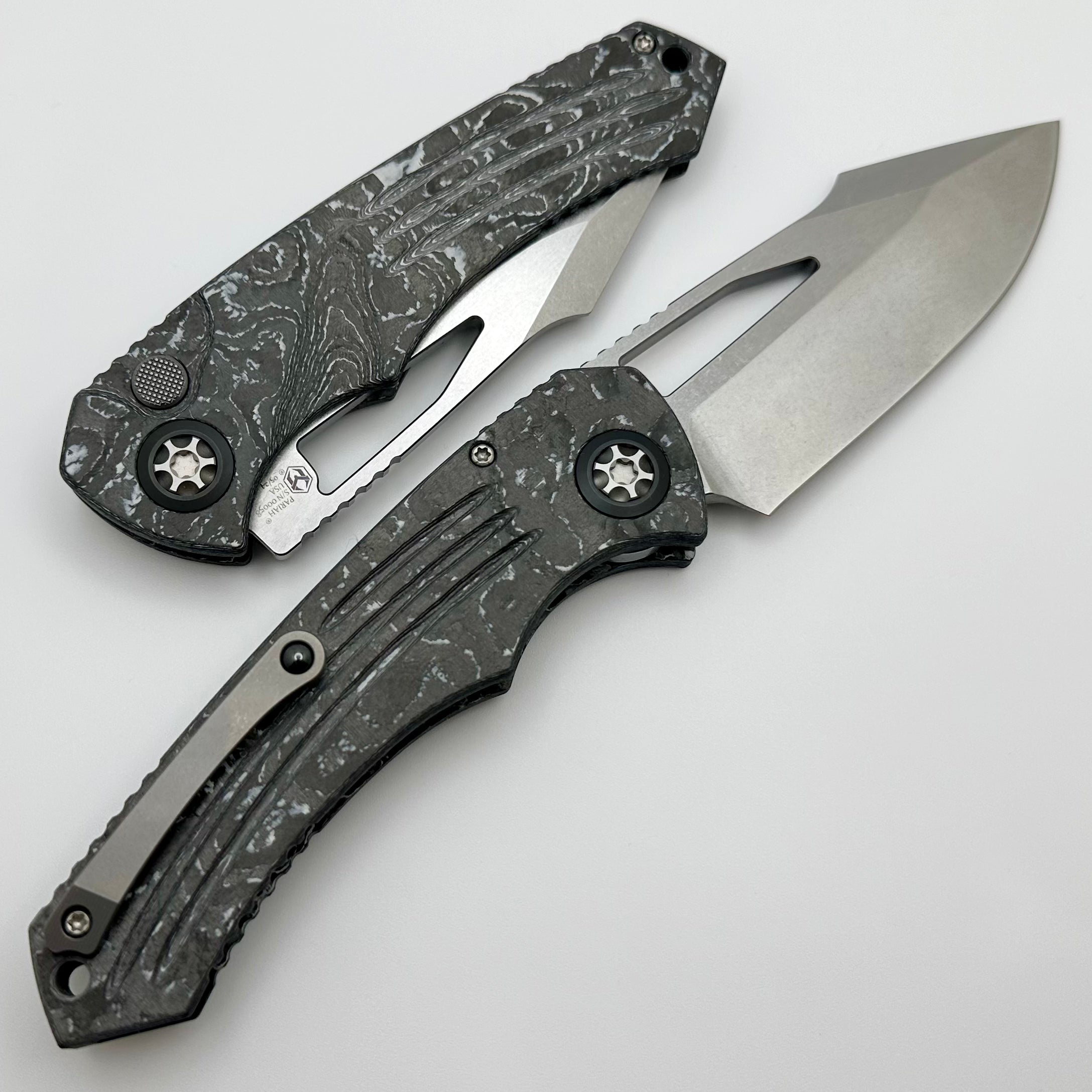 Heretic Knives Pariah M/A Ultimate Button Lock Folding Knife - White Camo Carbon Handles with Stonewash MagnaCut Blade