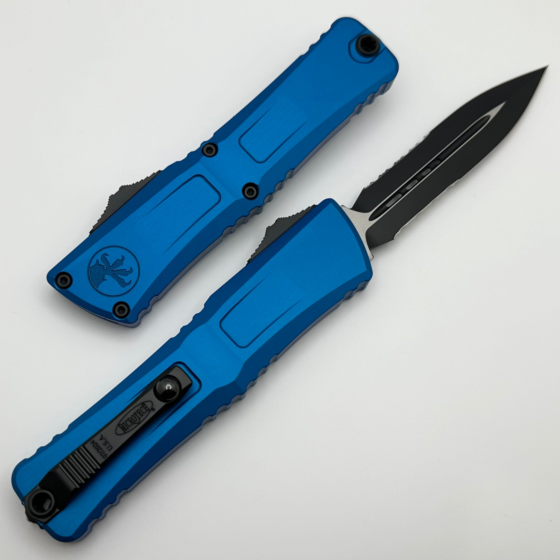 Microtech Premium Combat Troodon Gen III Tactical OTF Knife - Black Double Edge with Blue Accents