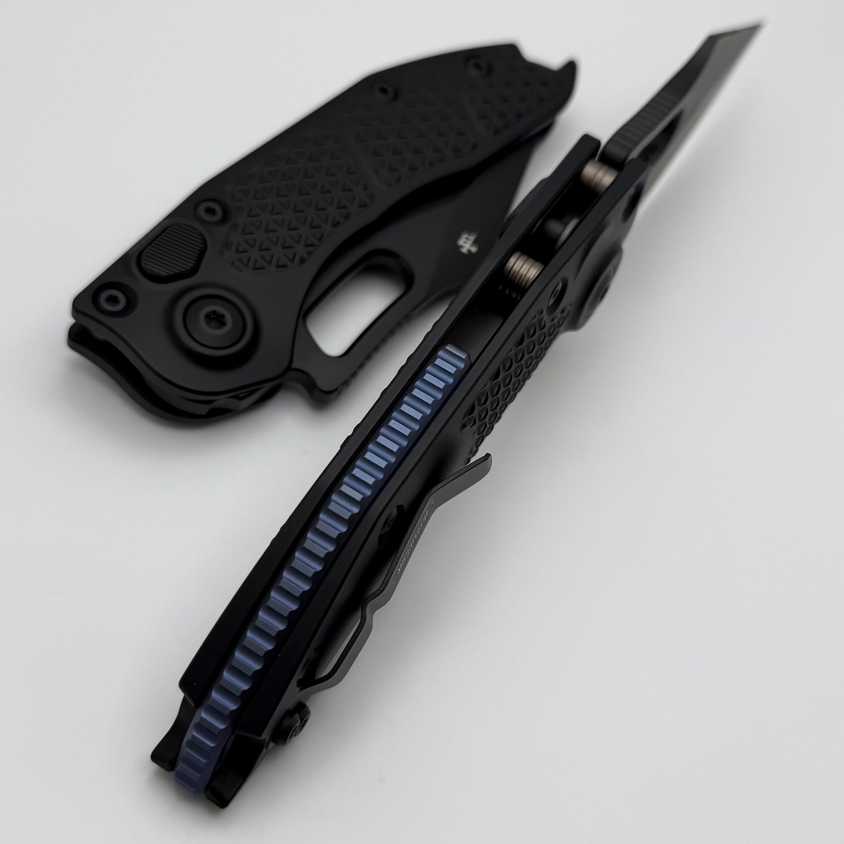 Microtech Borka Stitch Premium Tactical Knife - Black Blade with Blue Titanium Backspacer