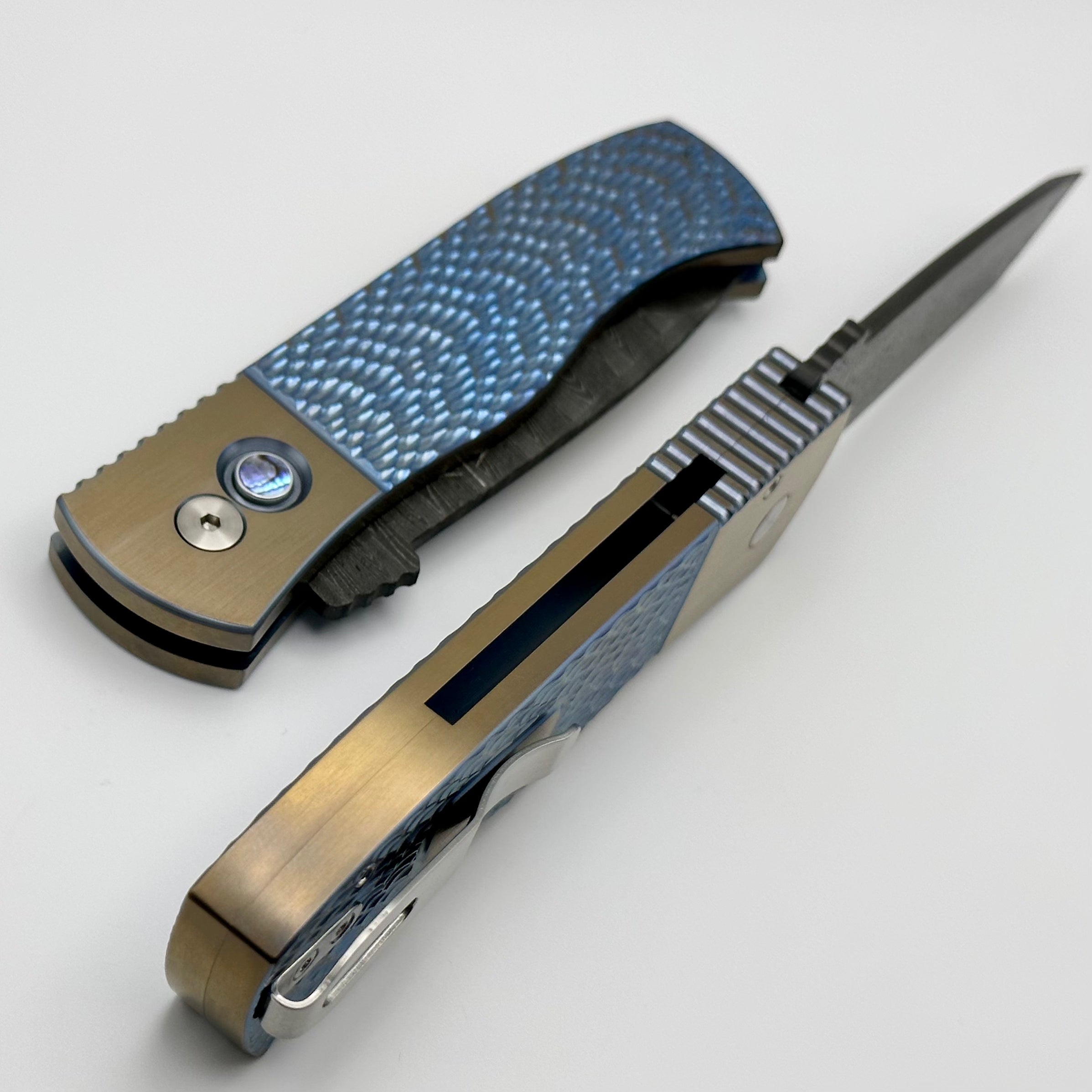 Premium Pro-Tech Emerson CQC7 Tactical Knife - Titanium Blue/Bronze Handle with Abalone Button & Damascus Chisel Tanto Blade