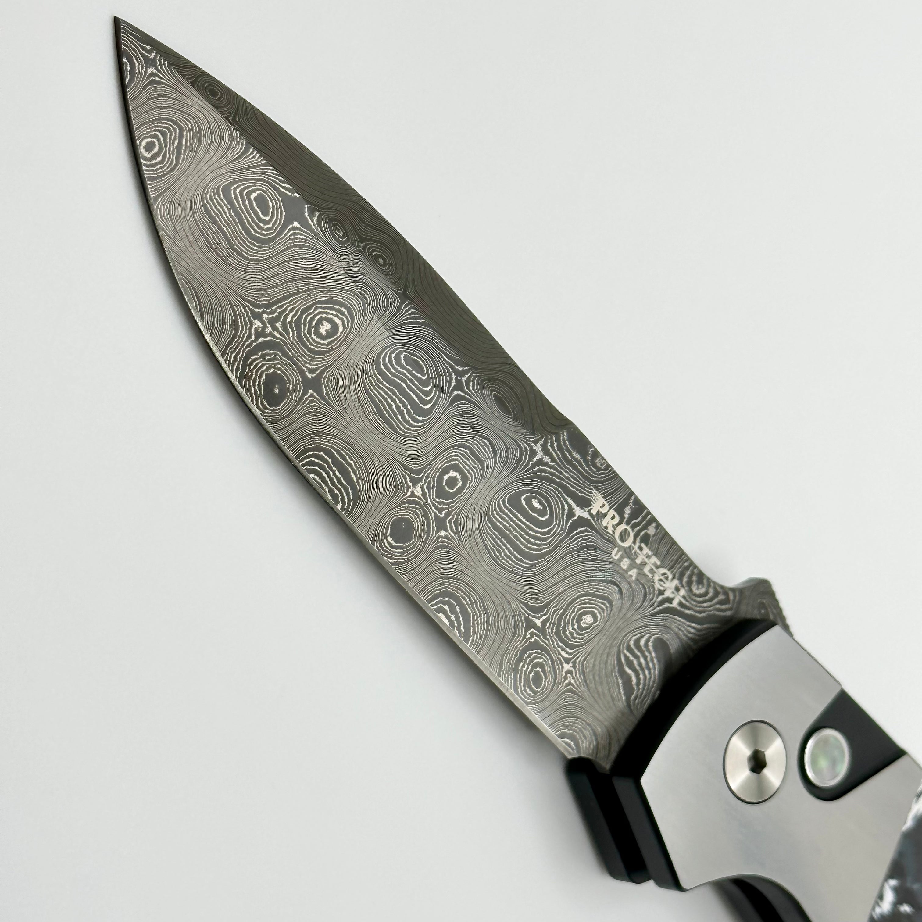 Pro-Tech ATCF Monochrome Custom Two Tone DLC 416 Steel w/ White Storm Fat Carbon Inlays & Black Lip Pearl Button w/ Chad Nichols Virus Damascus Enthusiast 2023 Edition PRE OWNED