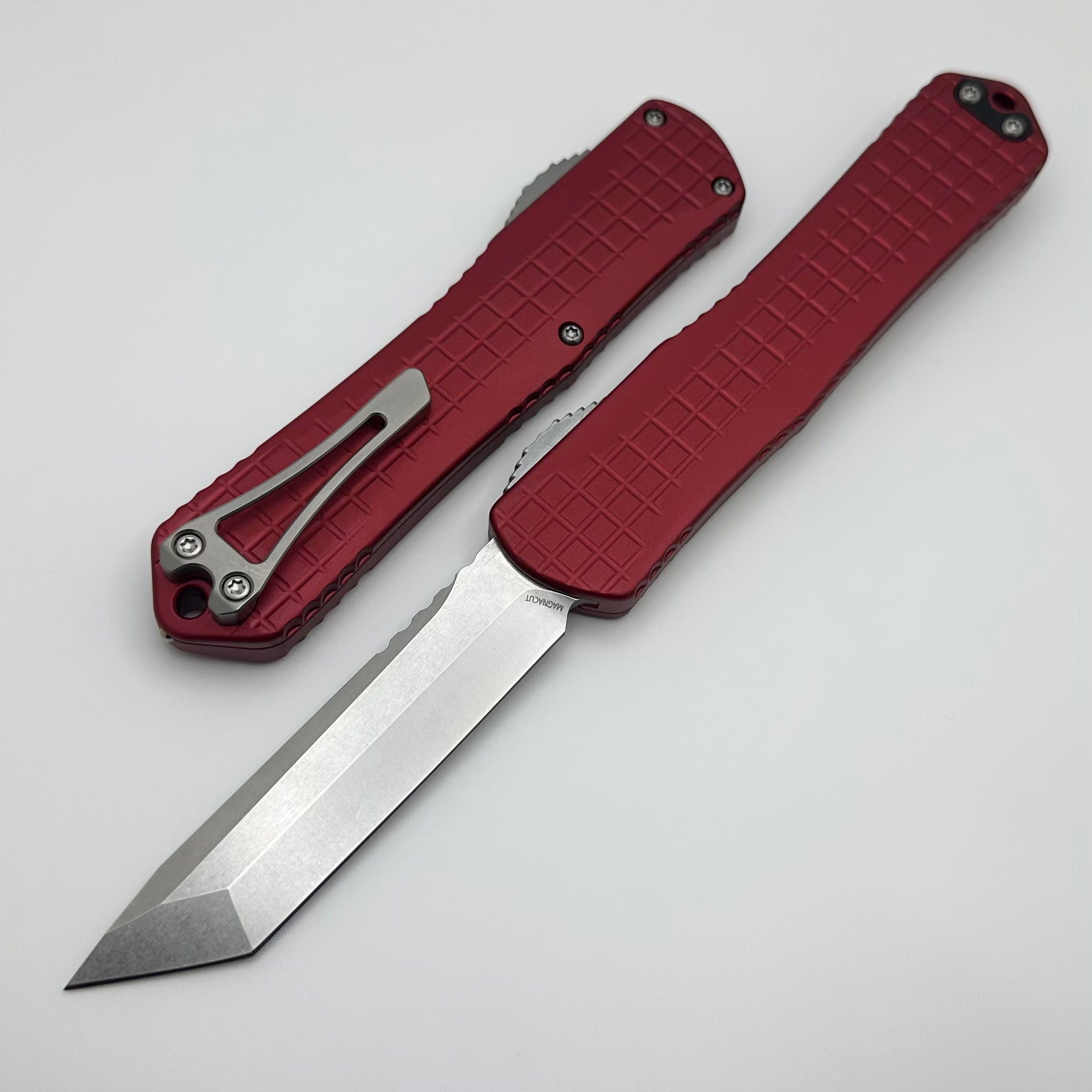 Heretic Knives Manticore X Ultimate Tactical OTF Knife - Red Frag Handle & Stonewash Tanto MagnaCut