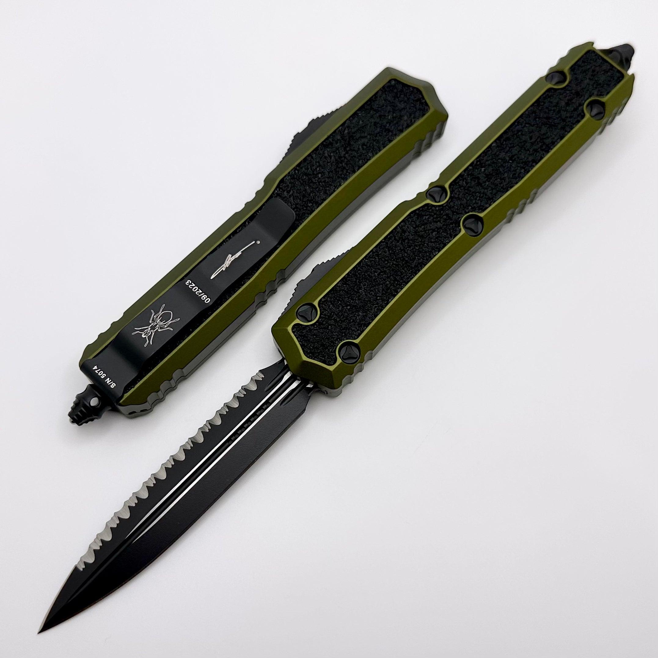 Microtech Makora Premium Tactical Knife - OD Green & Black, Double Edge, Full Serrated, Nickel Boron Internals