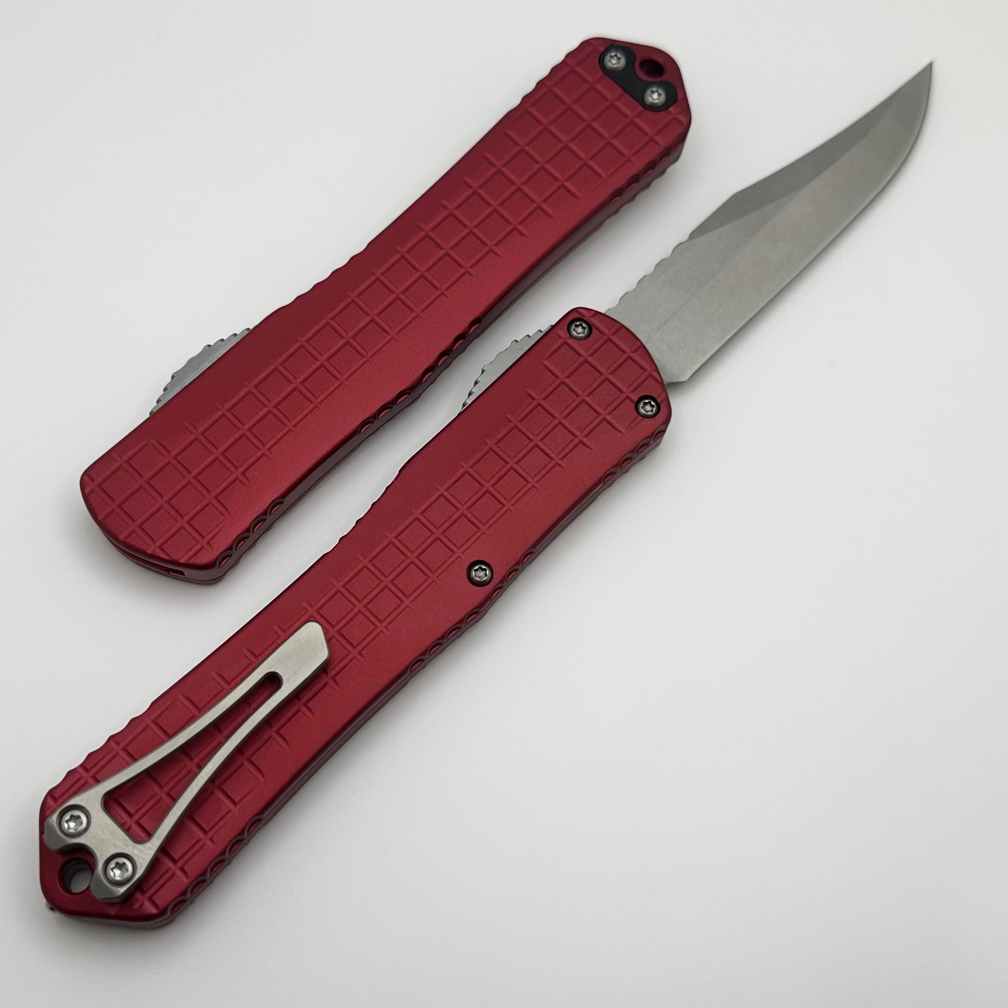 Heretic Knives Manticore X: Premium OTF Bowie Knife with Red Frag Handle & Stonewash Finish