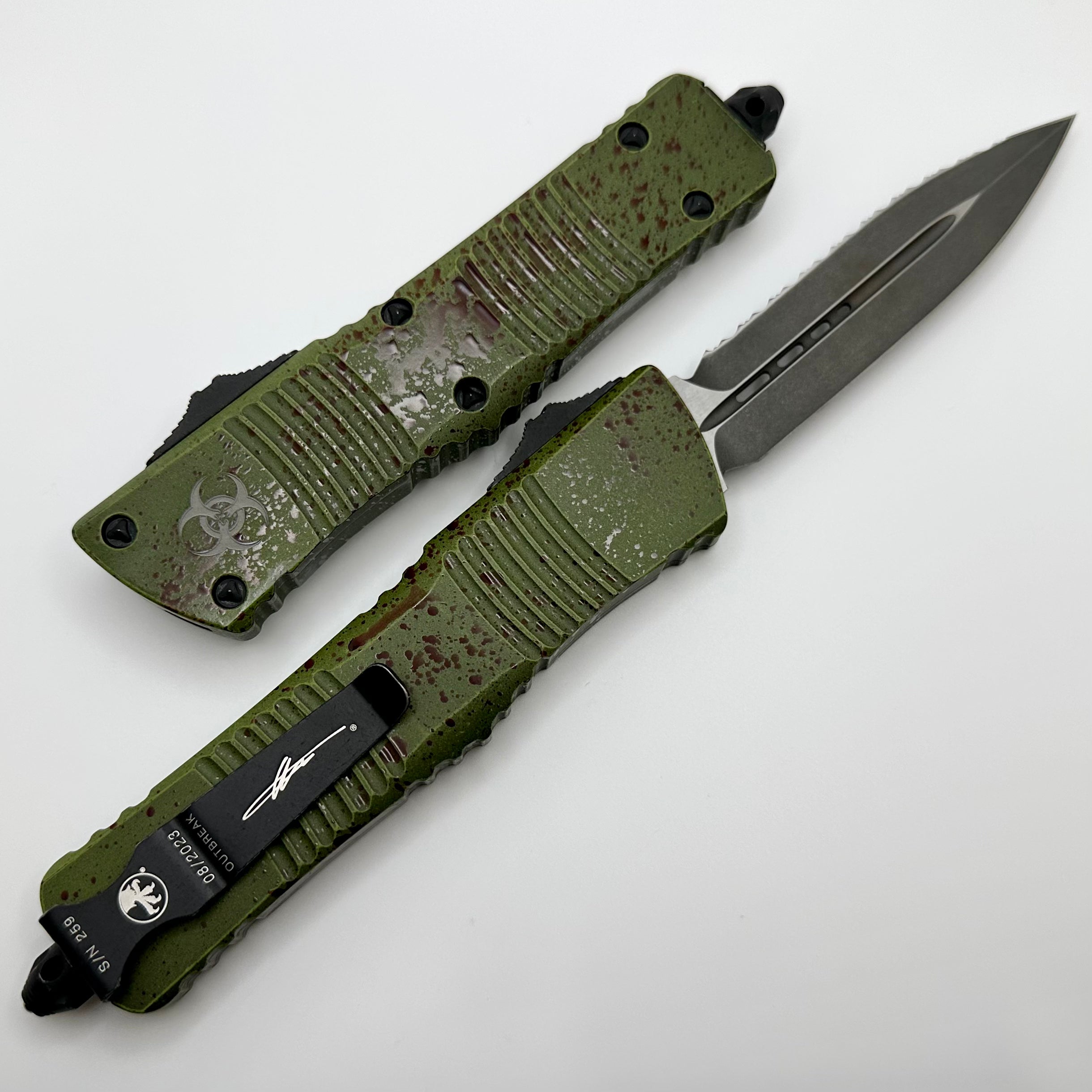 Microtech Combat Troodon Premium Tactical Knife - Double Edge Full Serrated Outbreak Edition