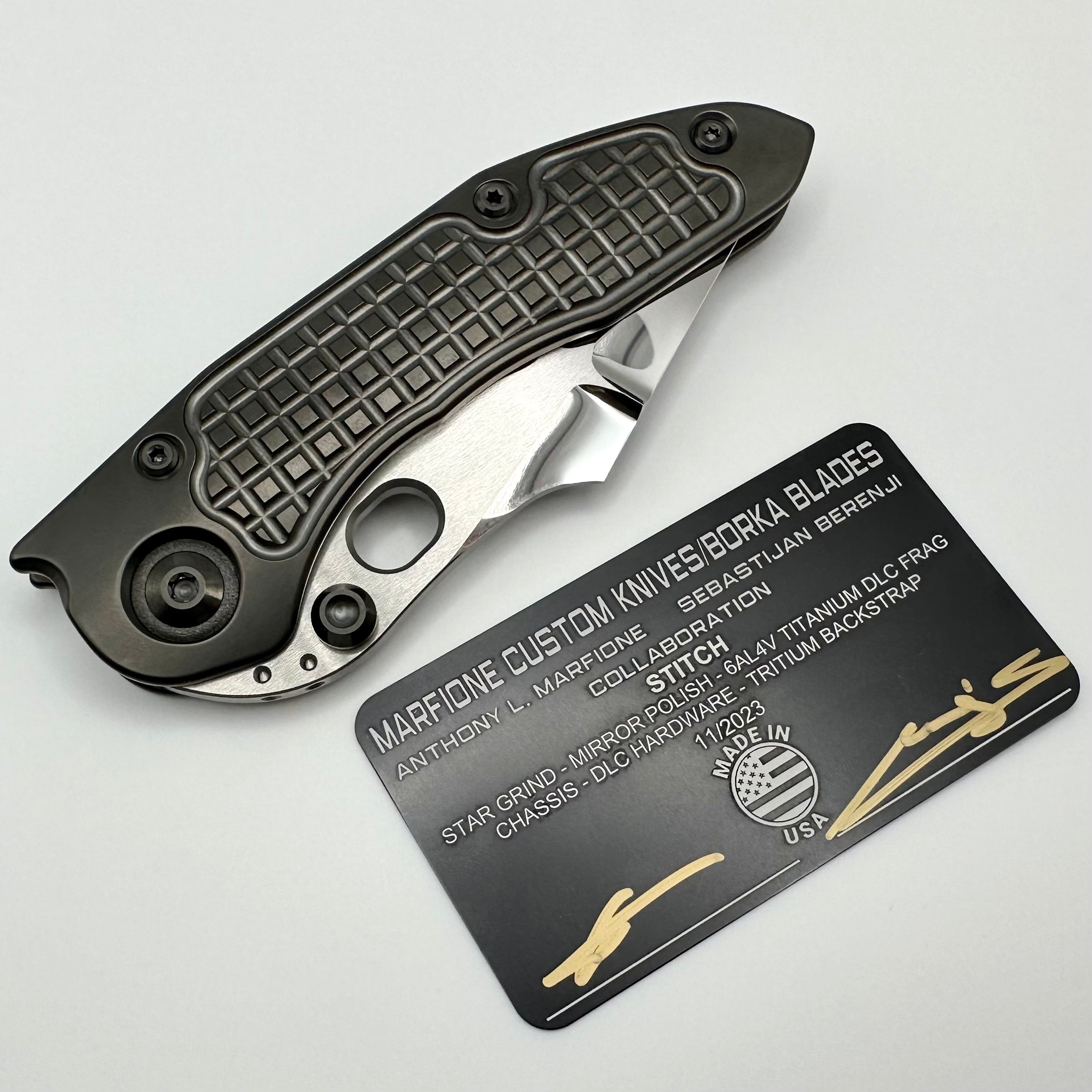 Marfione Custom Knives & Borka Blades Stitch Darkstar - Premium Liquid Metal Double Star Grind M390 & DLC Frag Titanium