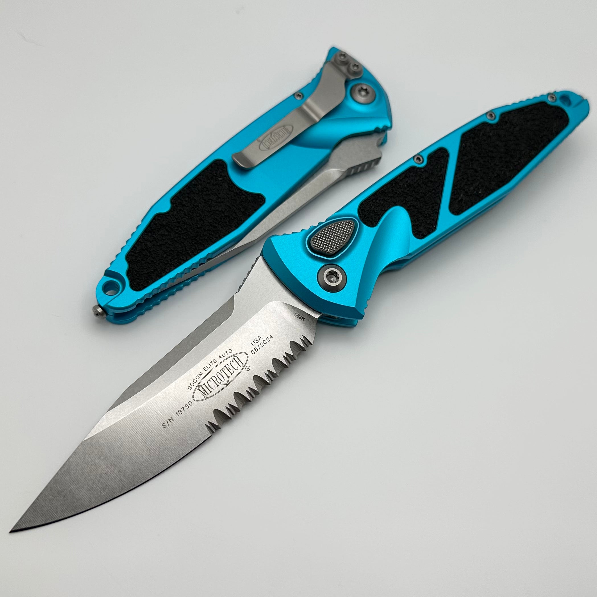 Microtech Socom Elite Auto Turquoise Tactical Knife - Stonewash Single Edge Partial Serrated