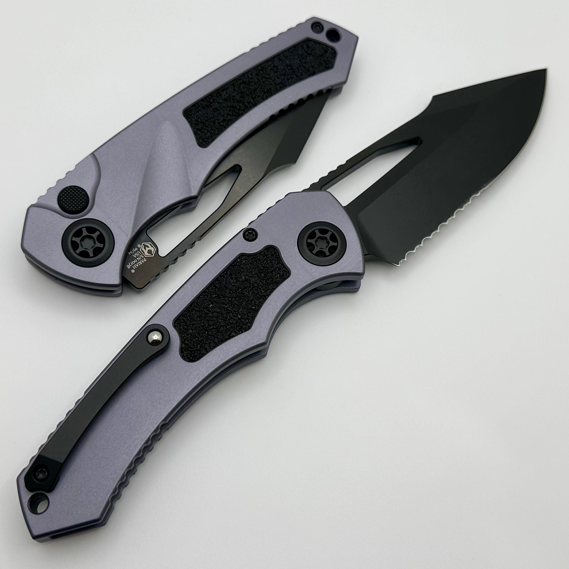 Premium Heretic Knives Pariah M/A Button Lock - Ultimate Gray Aluminum Handles with DLC Serrated MagnaCut Blade