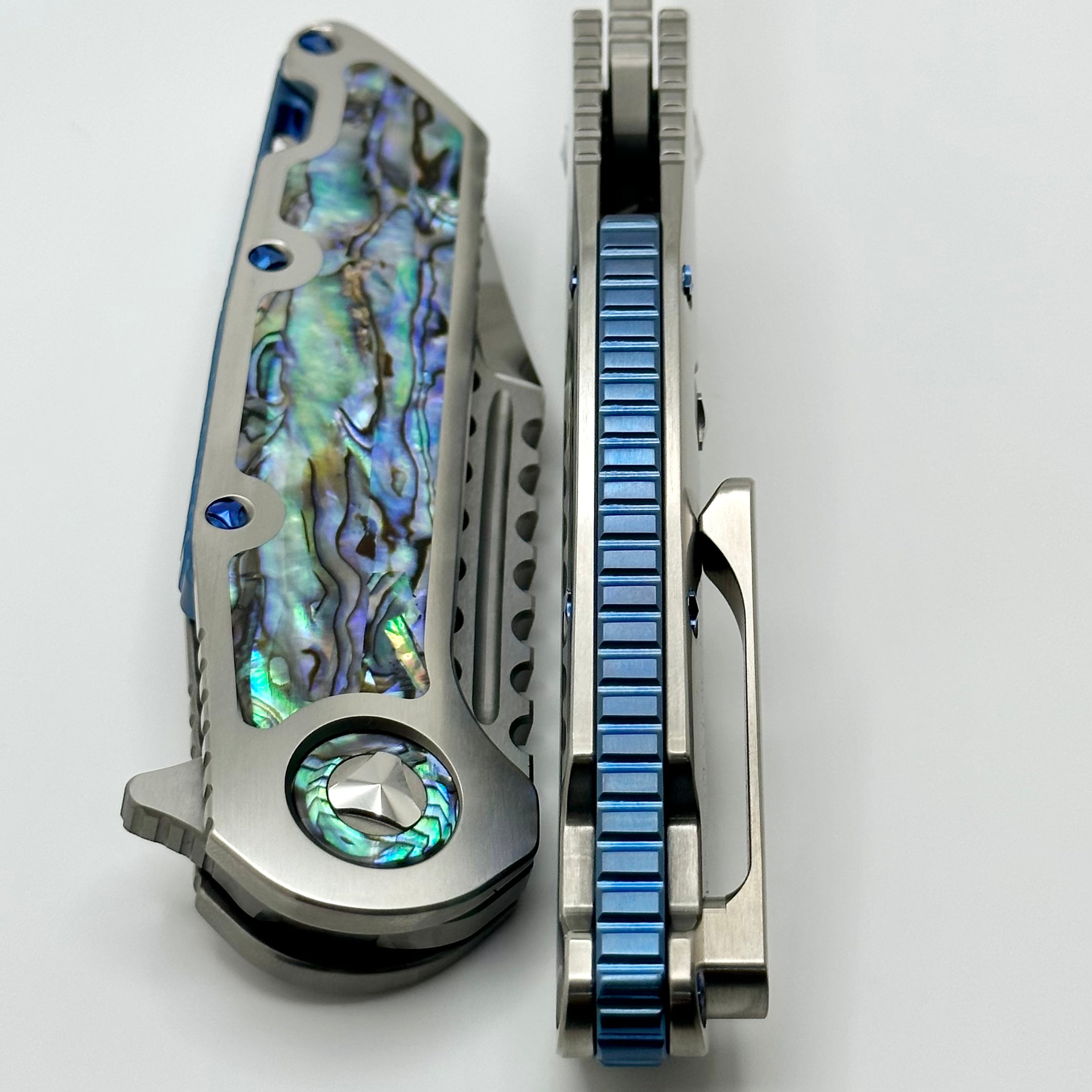 Marfione Custom Warhound Knife: Premium Mirror Polish Blade with Abalone Inlay & Blue Titanium Hardware