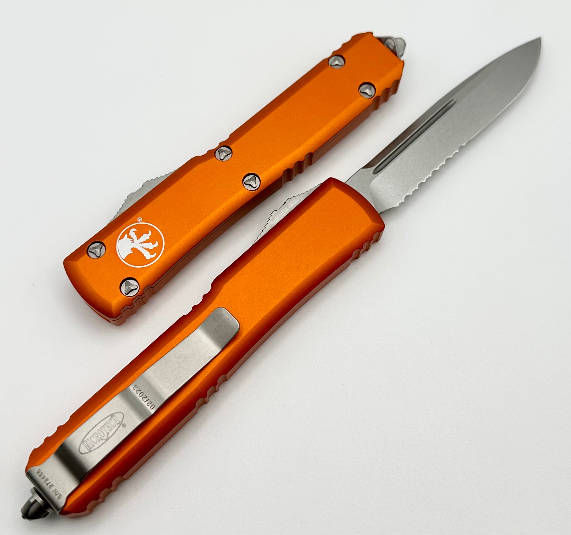 Microtech Ultratech Premium Orange OTF Knife - Single Edge Stonewash with Partial Serration