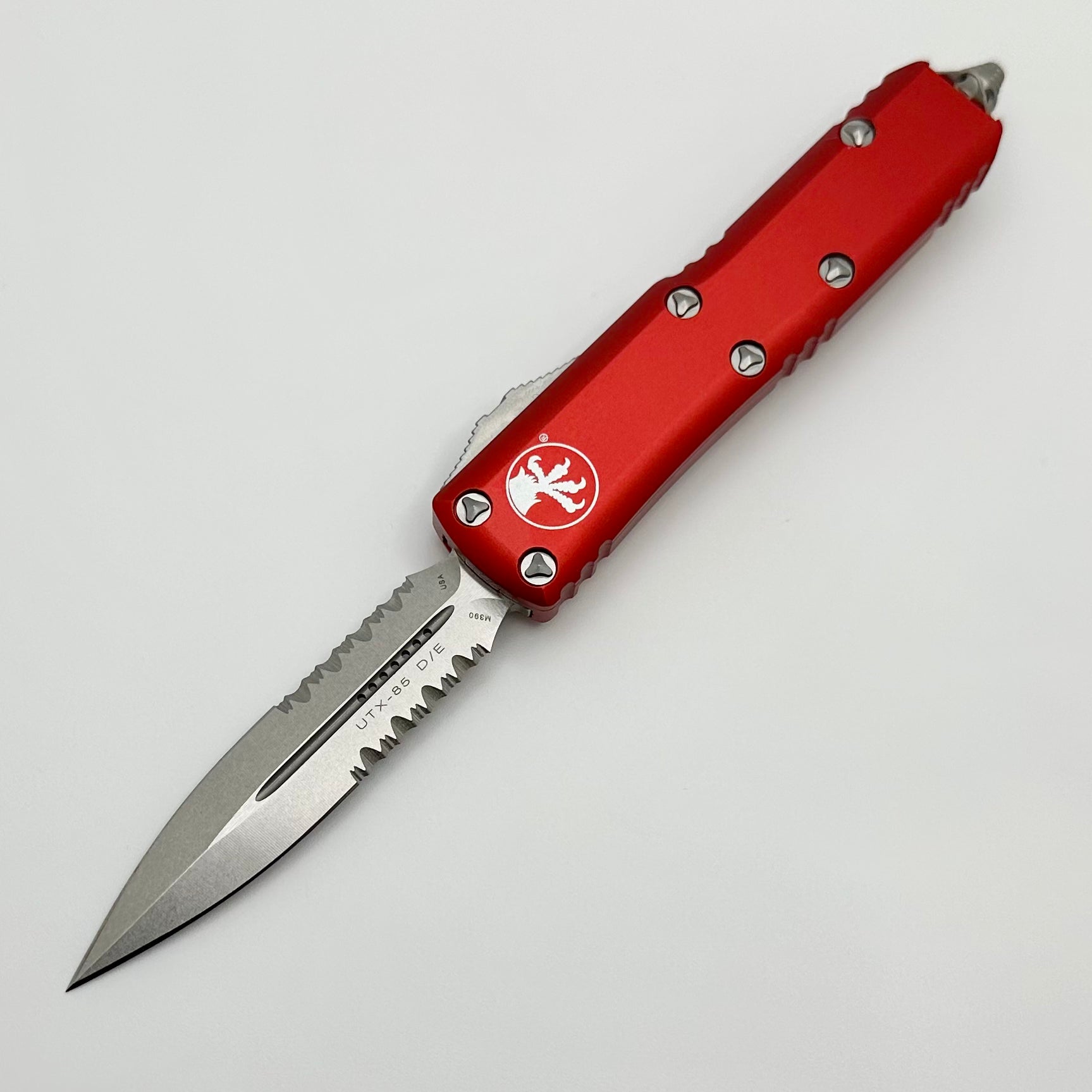 Microtech UTX-85 Premium EDC Knife - Double Edge Stonewash with Red Handle