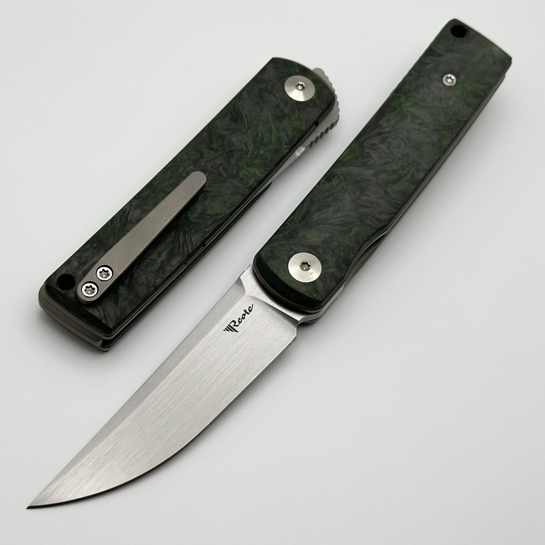 Reate Bushido Premium EDC Knife - Dark Matter Green Handles & Hand Satin M390 Blade