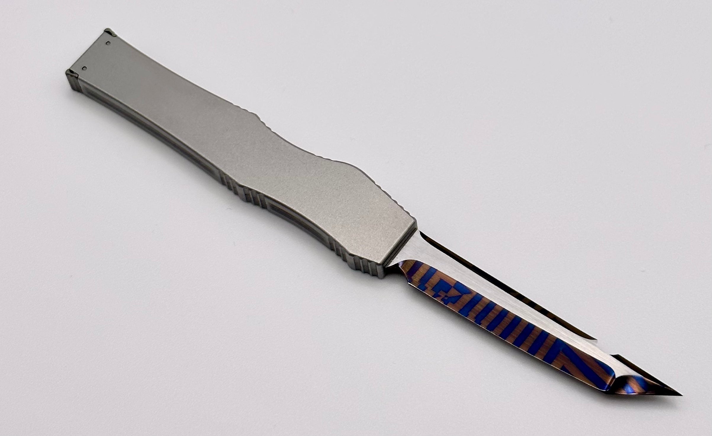 Premium Marfione Custom Halo III Mini Star Grind Blued Mosaic Damascus Tanto Knife with Stainless Steel Handle & Black Lip Pearl Inlays