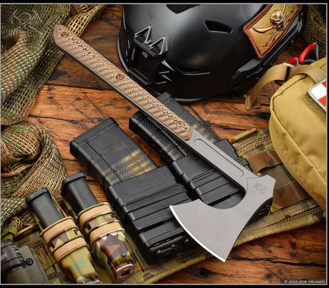 RMJ Tactical Raven Premium Axe with Hyena Brown G-10 Handle