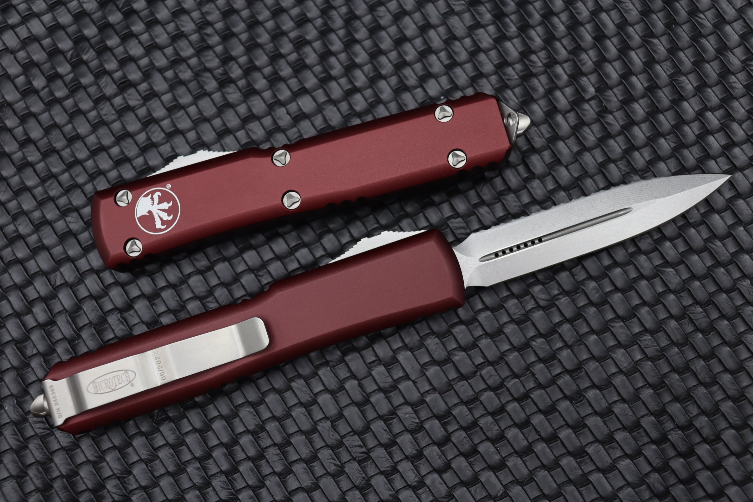 Premium Microtech Ultratech Double Edge Knife - Stonewash & Merlot Finish