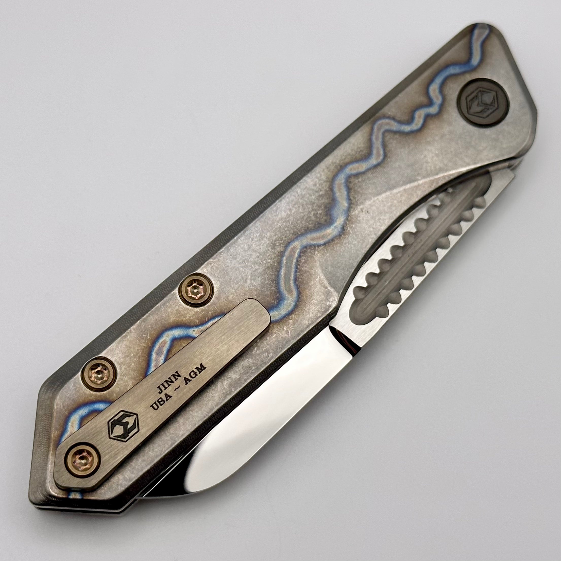 Premium Heretic Knives Jinn: Flamed Titanium Handle with Bronze Accents & Mirror Polish Elmax Blade