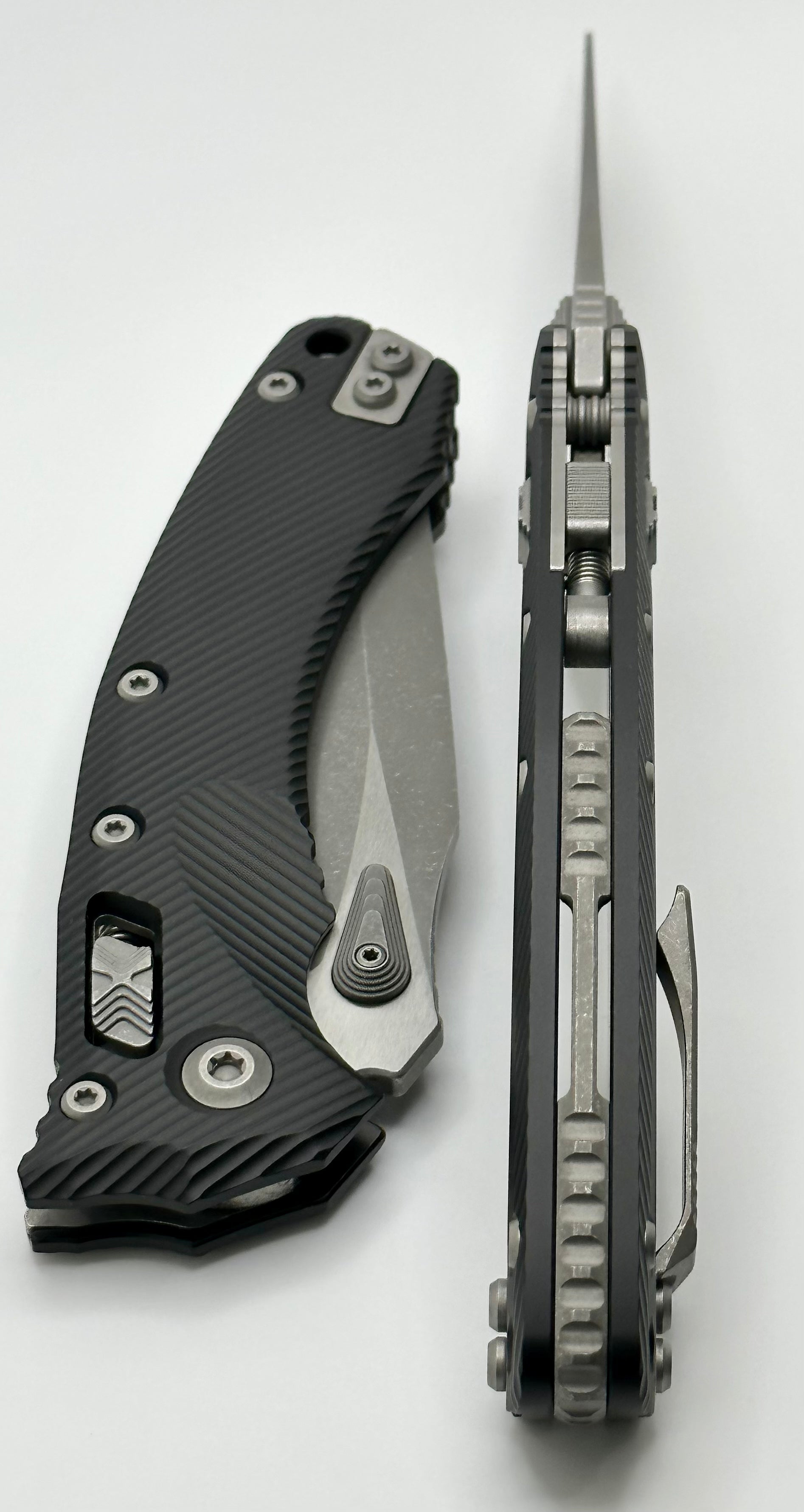 Premium Microtech Amphibian RAM LOK Tactical Knife - Black Fluted Aluminum, Partial Serrated Apocalyptic M390MK