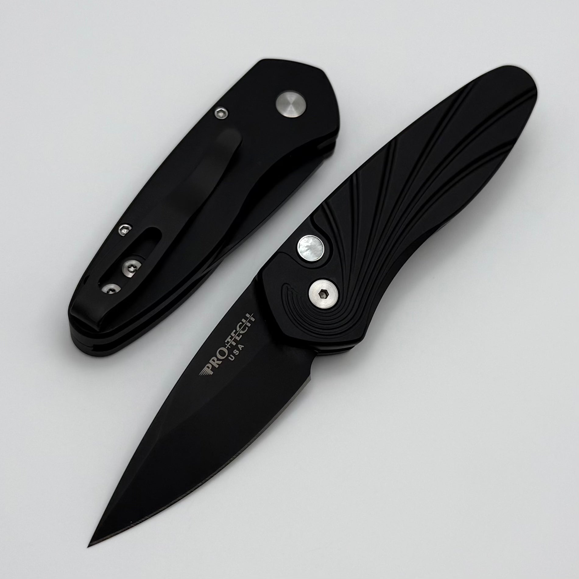 Premium Pro-Tech Sprint 3D Carved Handle Knife with Mother of Pearl Button & Black S35VN Blade