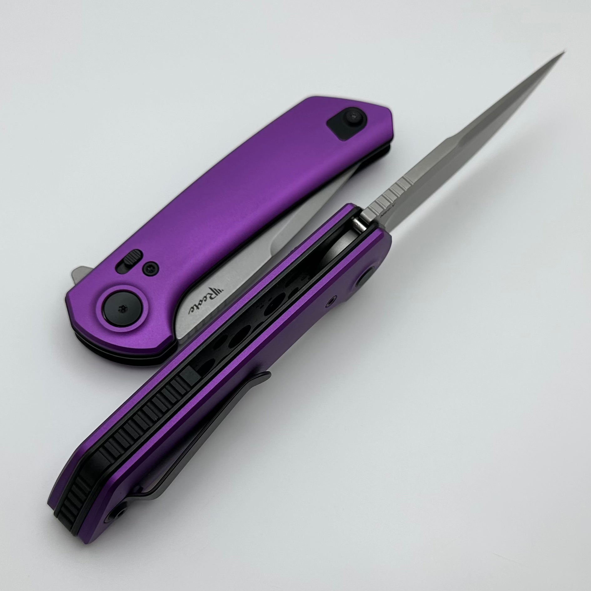 Reate Knives PL-XF Premium Folding Knife - Purple Aluminum Handles & Stonewash Nitro-V Blade