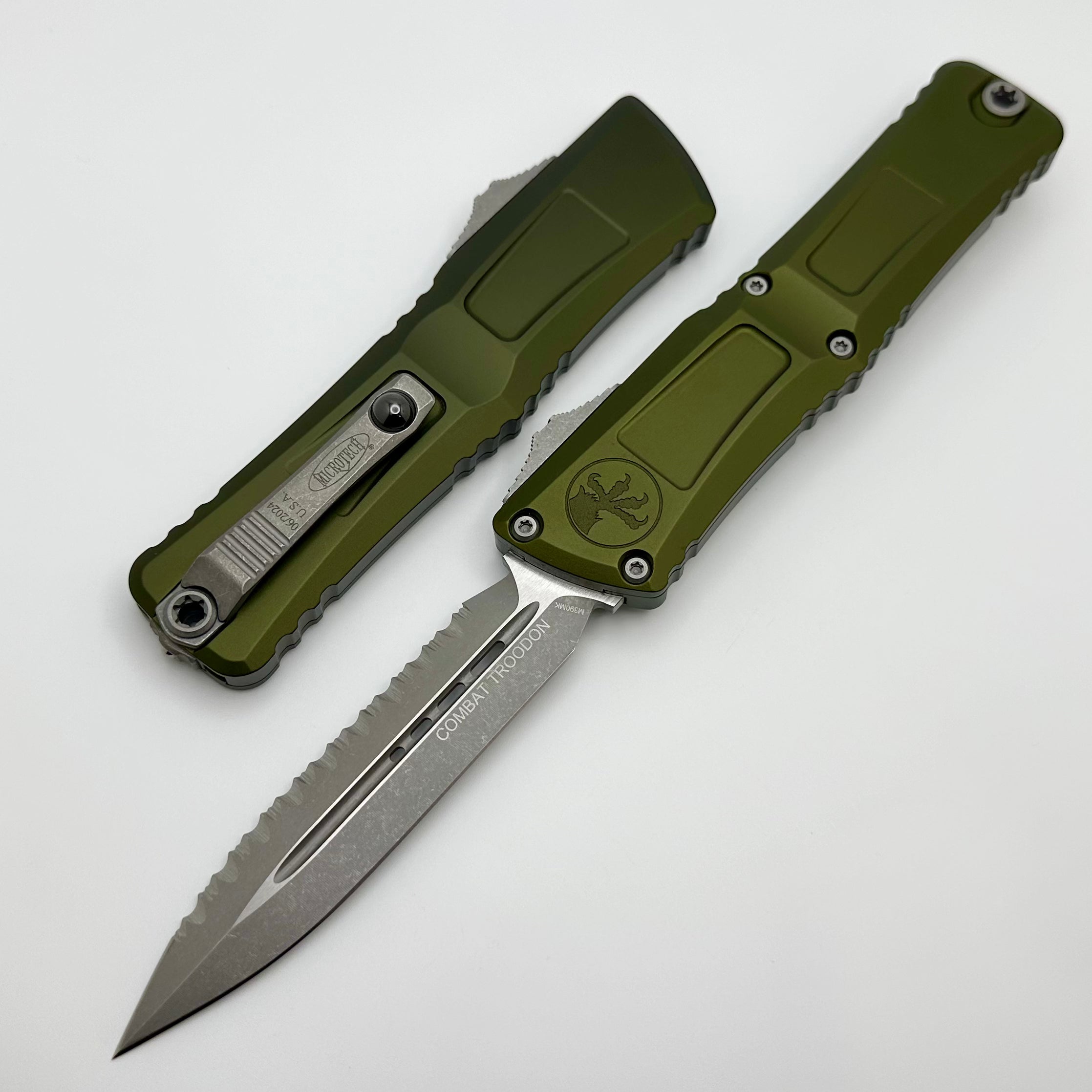 Microtech Combat Troodon Gen III Apocalyptic Full Serrated OTF Knife - OD Green Handle