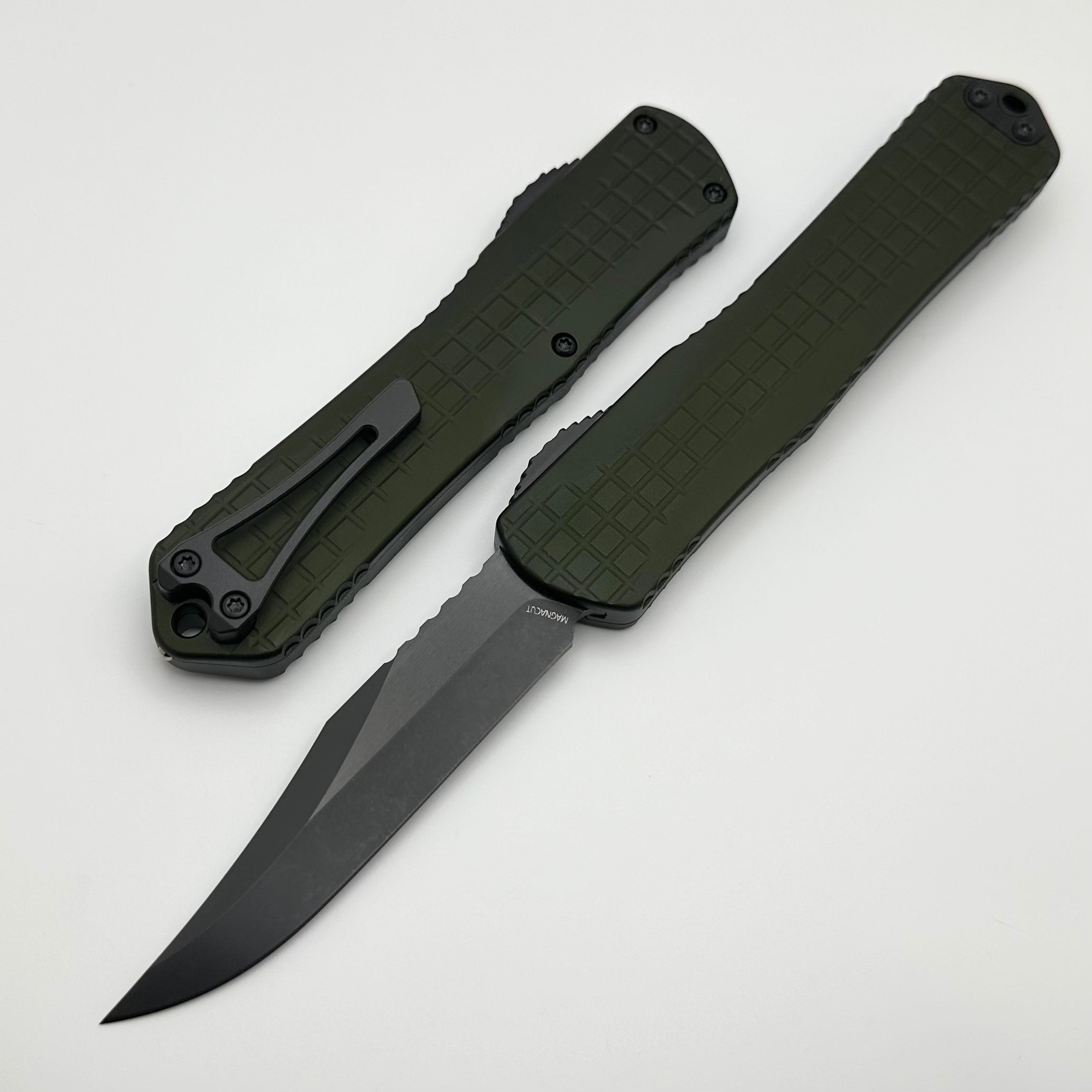 Heretic Knives Manticore X Ultimate Tactical OTF Knife - Green Grenade Frag Handle & DLC Bowie MagnaCut