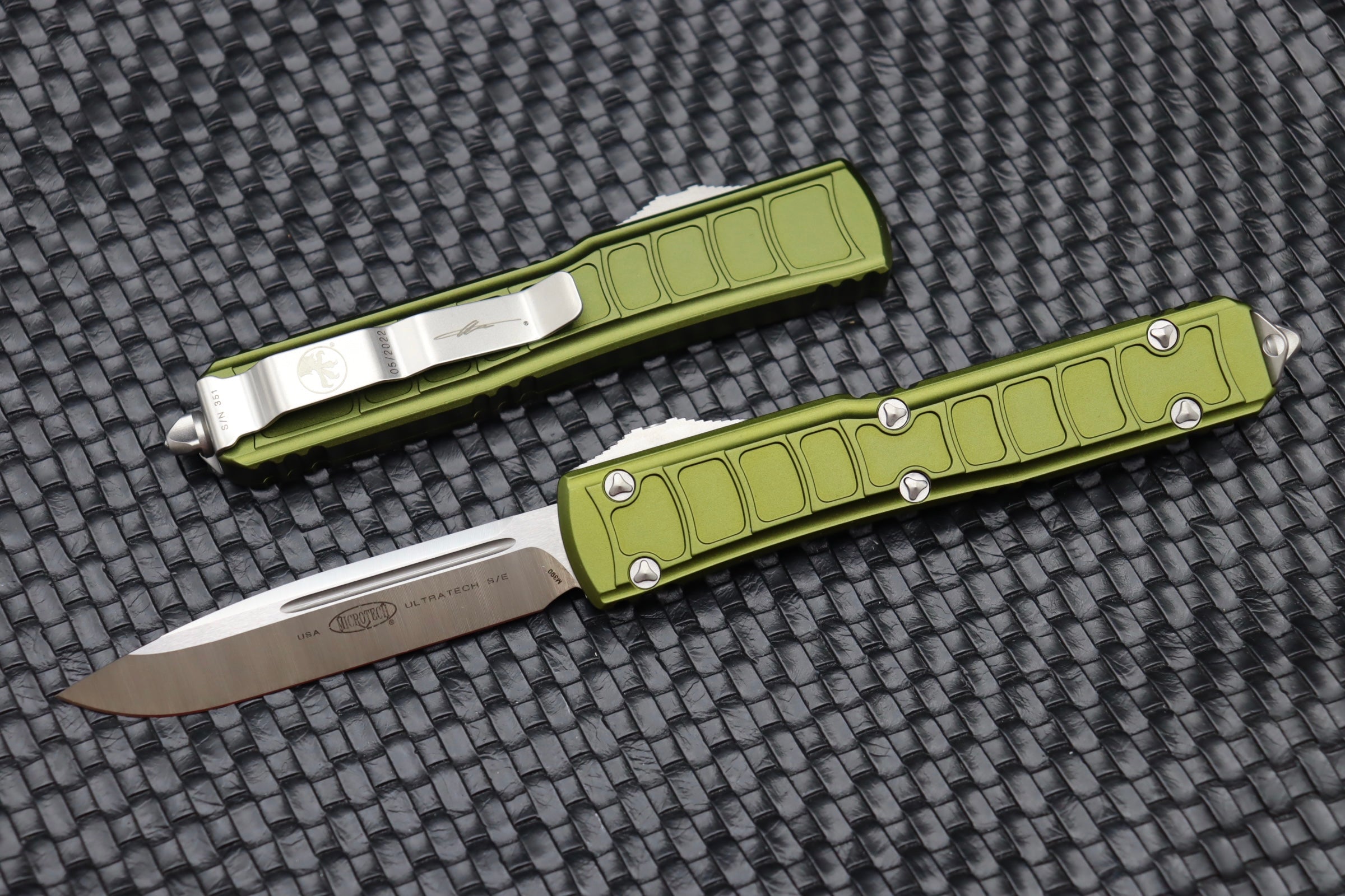 Microtech Ultratech 2 Step Side Single Partial Satin & OD Green Signature Series 121II-4ODS - Premium Tactical OTF Knife