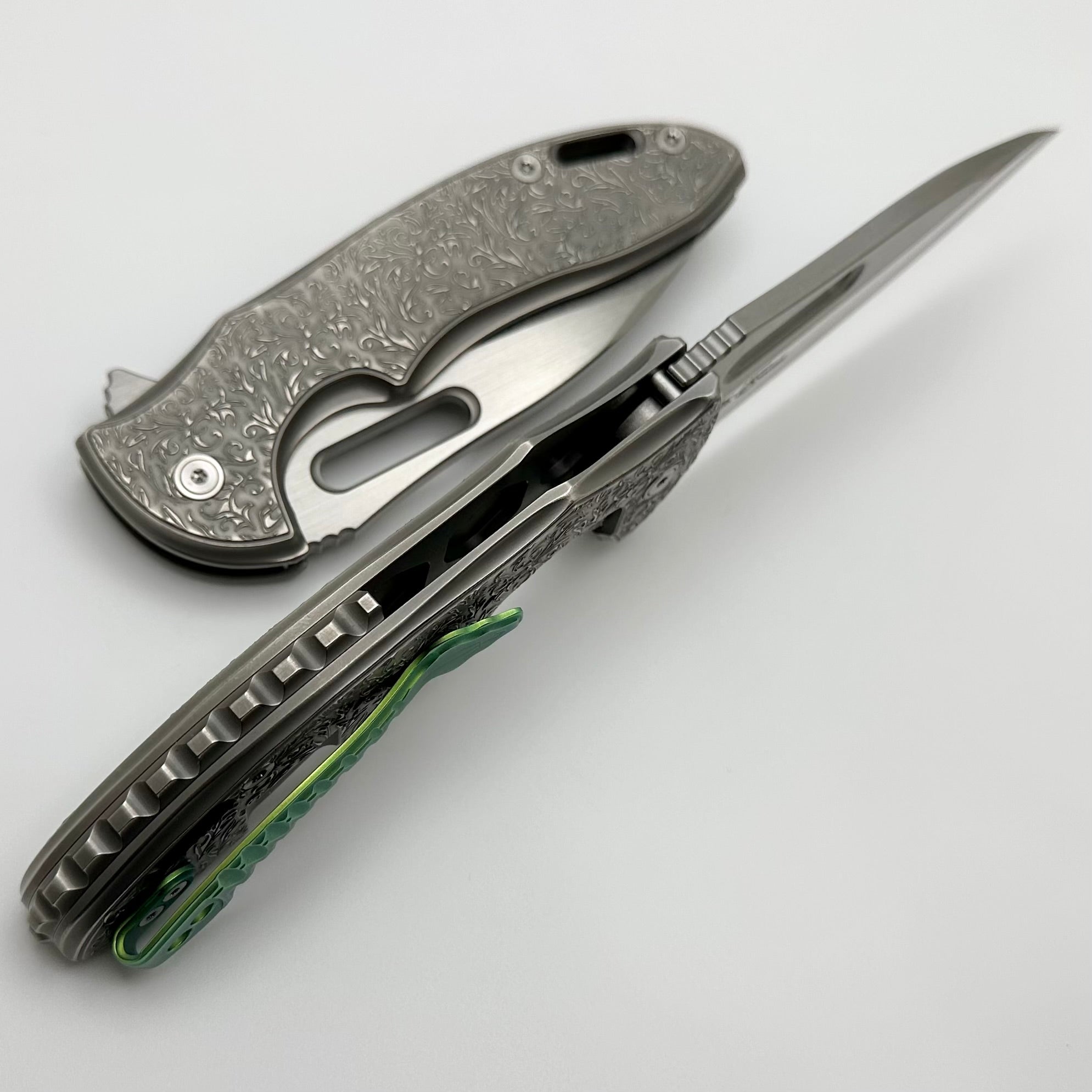 Premium Mechforce Knives Sentry: Rick Lala Collaboration with Scroll Pattern Titanium & M390 Blade - Exclusive Green Clip