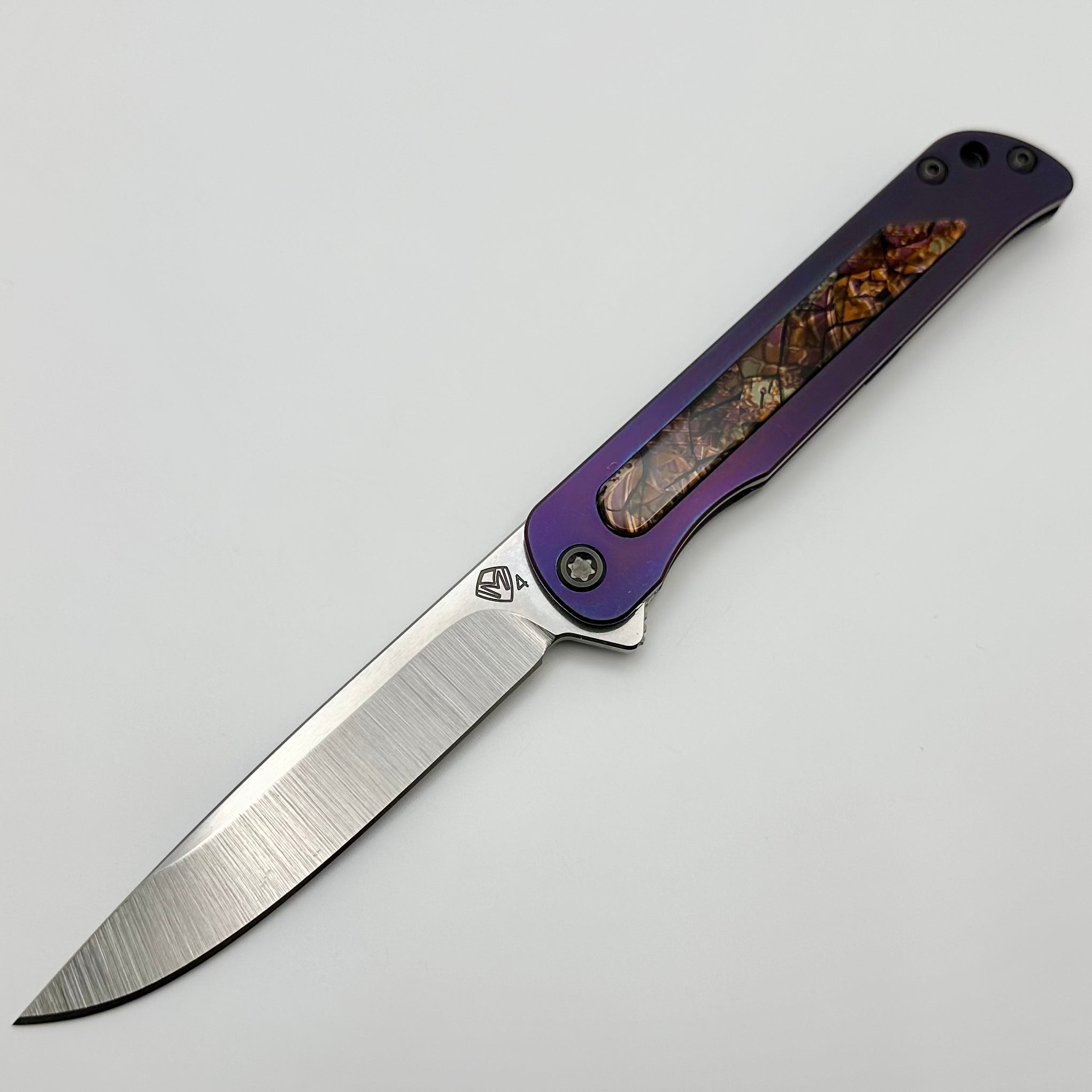 Premium Medford T-Bone Bronze Titanium Flipper Knife - Violet Safari Handles & Black Hardware