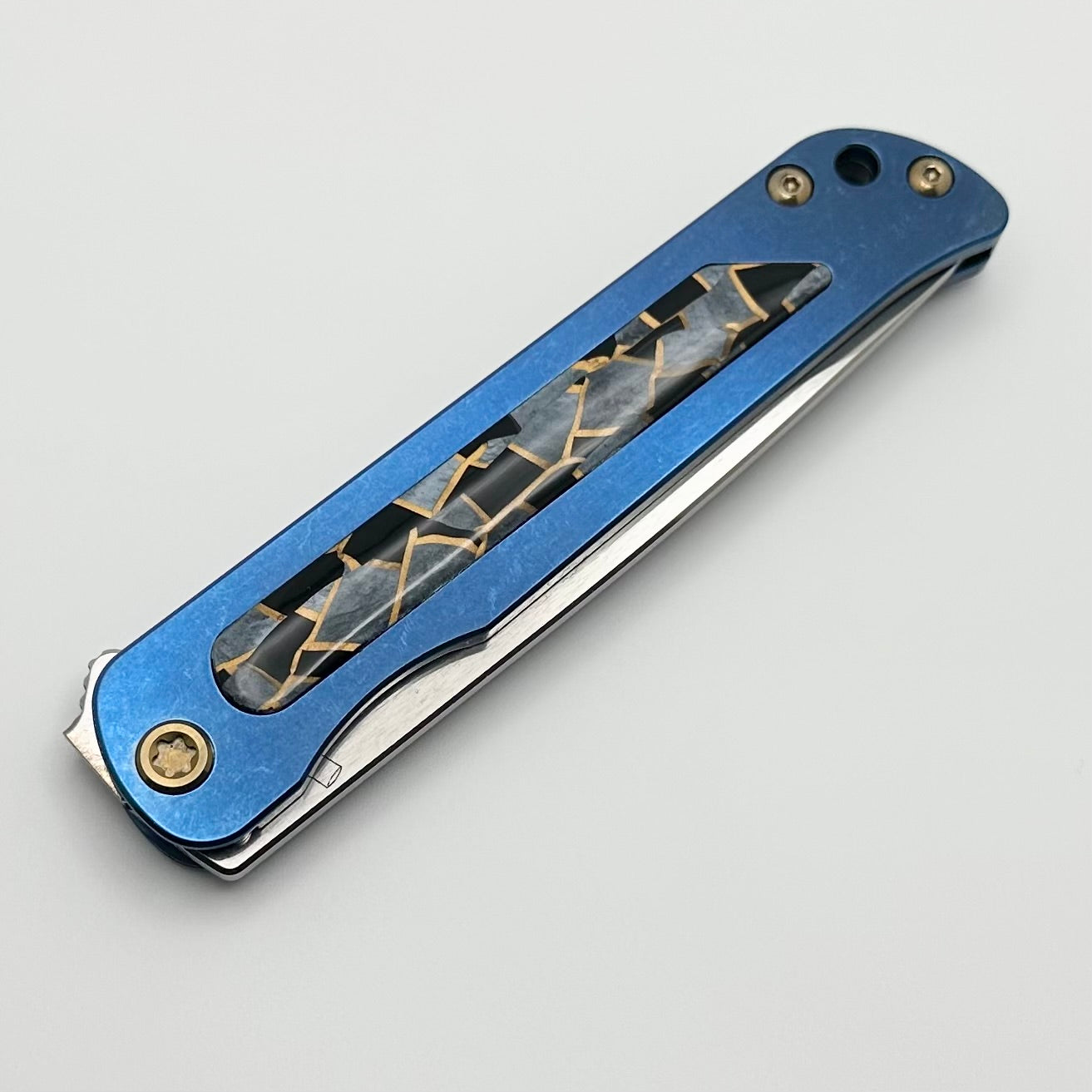 Premium Medford T-Bone Titanium Framelock Flipper Knife - Blue Tumbled Finish with Mosaic Inlays & Bronze Hardware