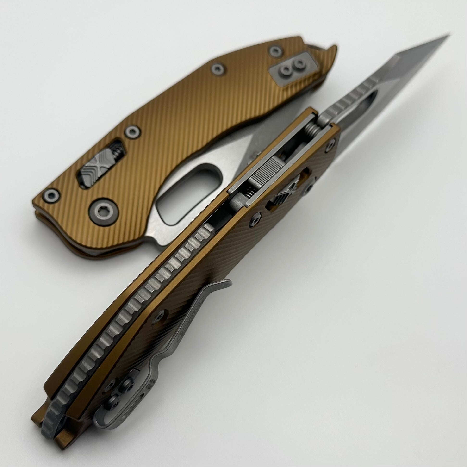 Premium Microtech Stitch RAM LOK Knife - Tan Aluminum, M390MK Blade, Partial Serrated