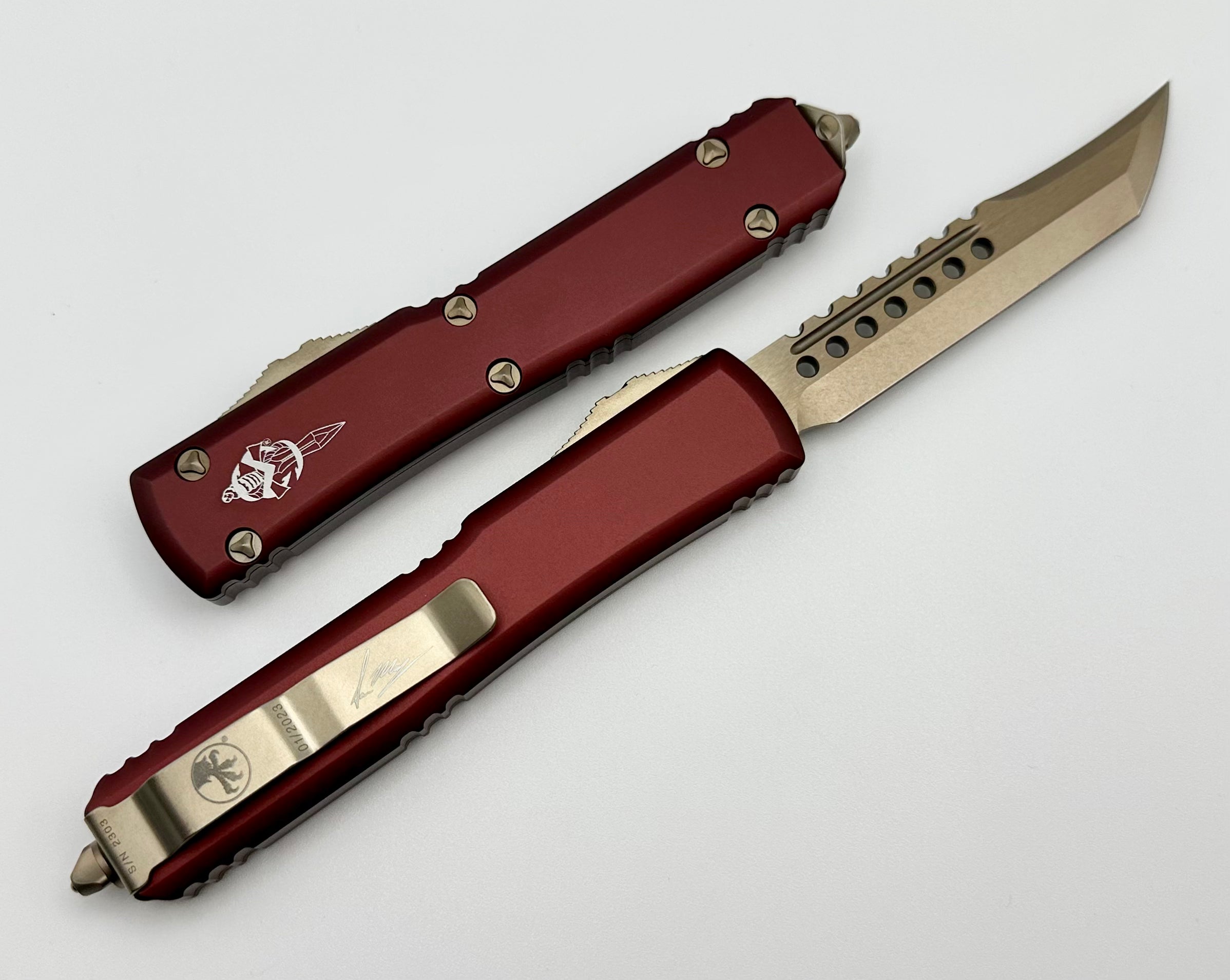 Premium Microtech Ultratech Hellhound Bronze Standard Knife with Merlot Finish