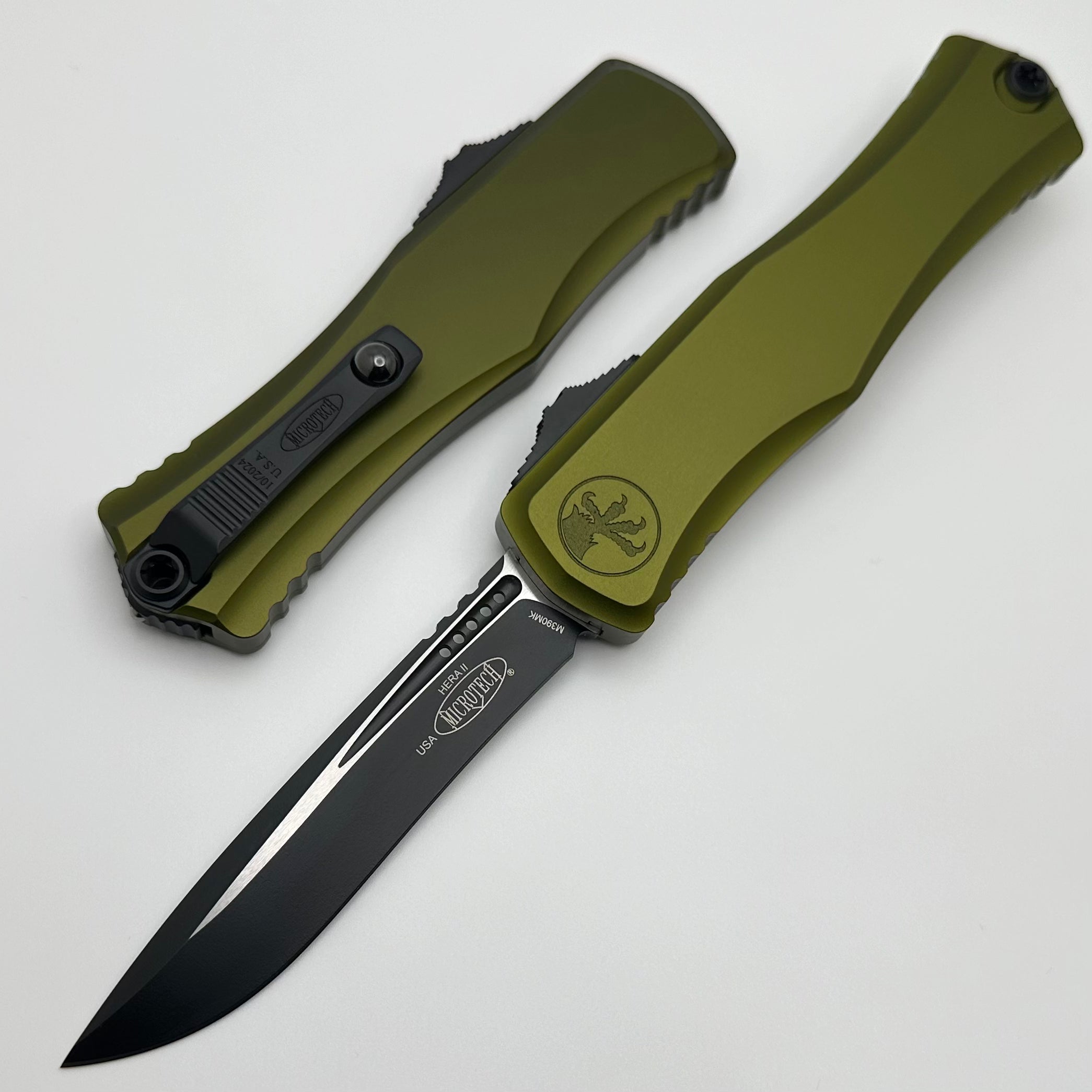 Microtech Hera II Premium OTF Knife - Black Recurve with OD Green Handle