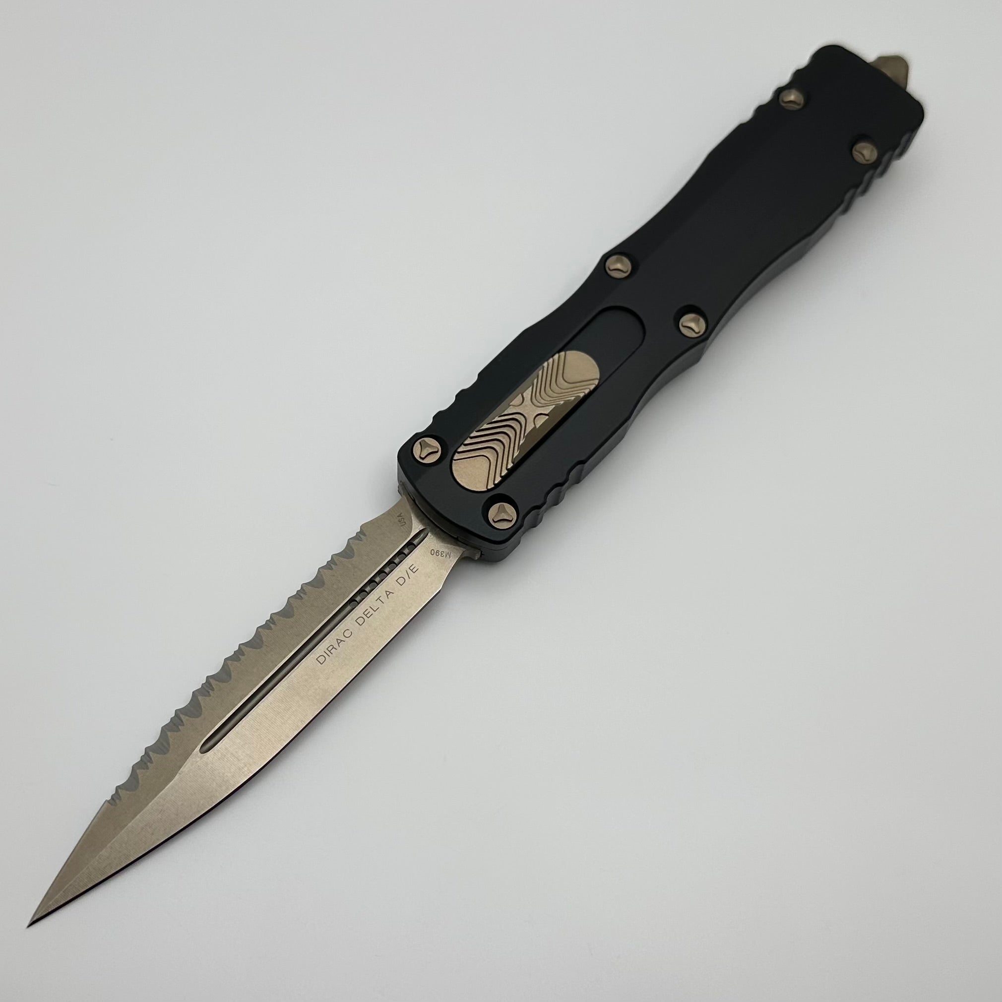 Premium Microtech Dirac Delta D/E Bronze Full Serrated & Black OTF Knife - Pre Owned