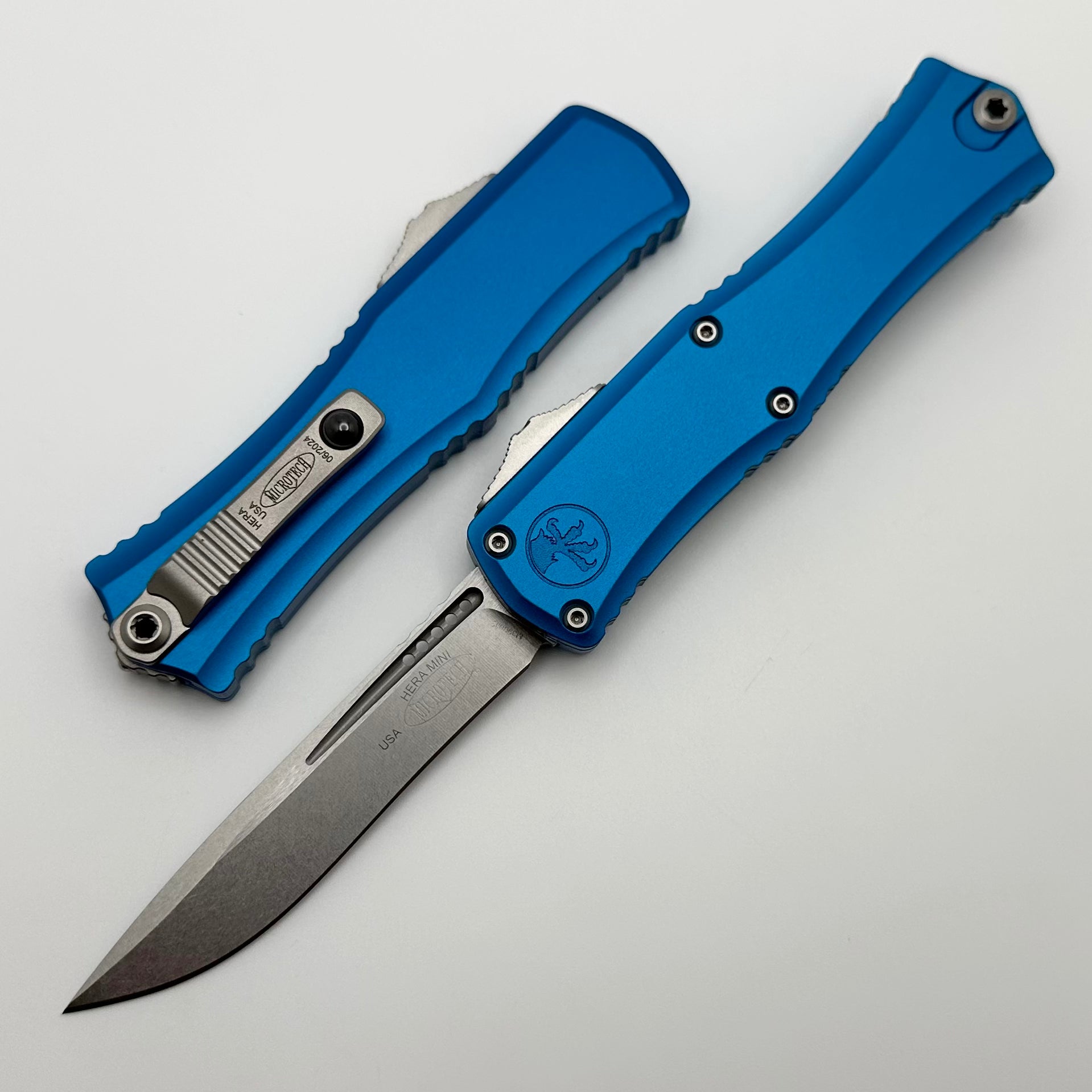 Microtech Mini Hera Premium EDC Knife - M390MK Blade, Blue Aluminum Handle