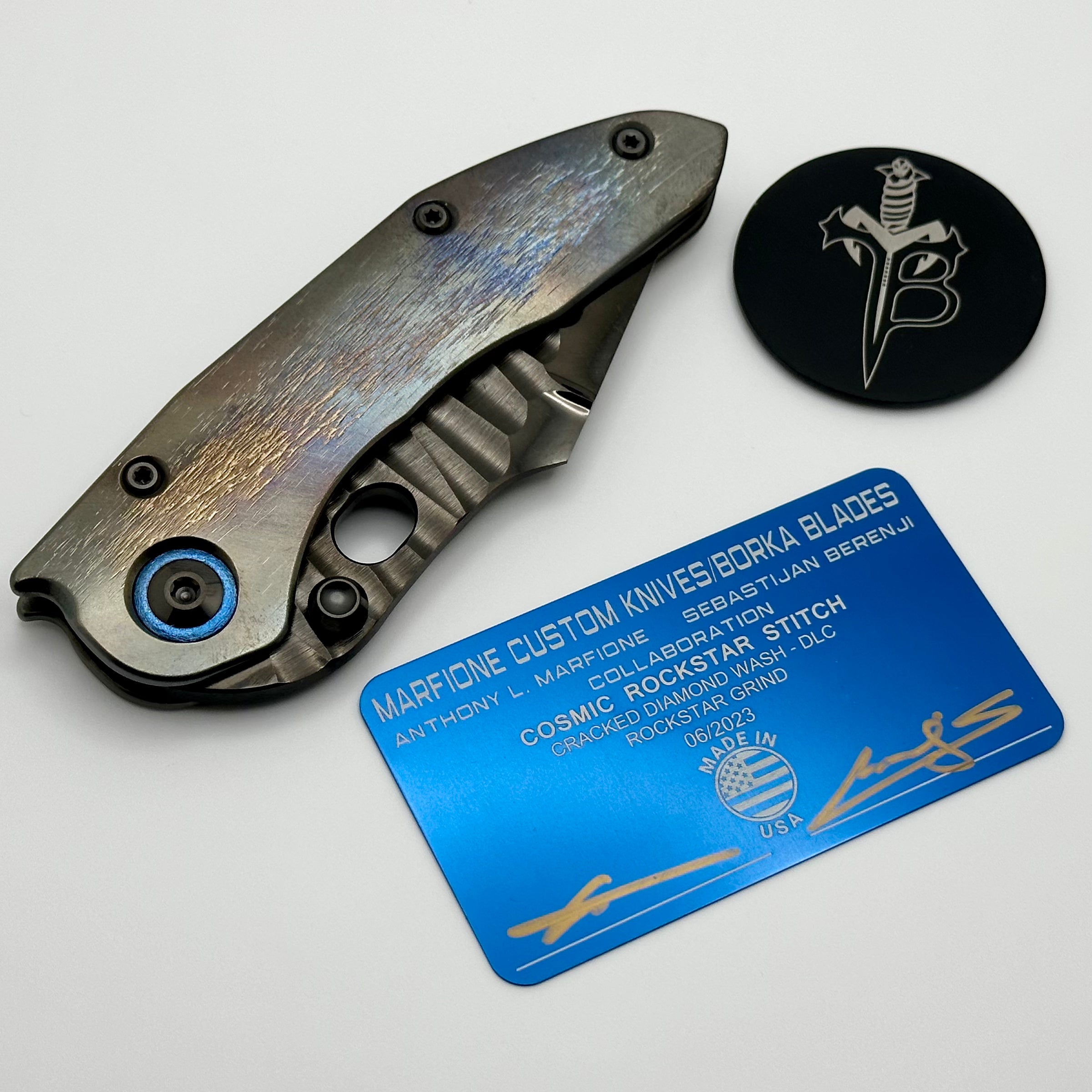 Premium Marfione & Borka Stitch Knife - DLC Cracked Diamond Wash, Cosmic Titanium, Double Star Grind M390