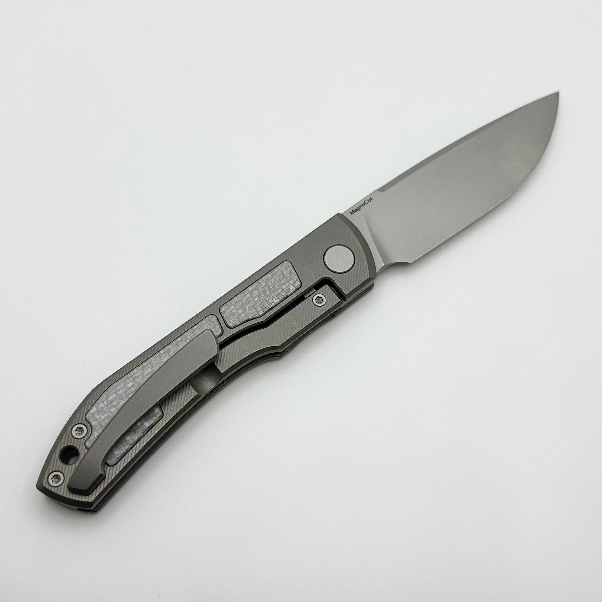 Uldanov Premium Sierra Flipper Knife - M398 Steel, Titanium Handle, Silver Twill Carbon Fiber Inlays