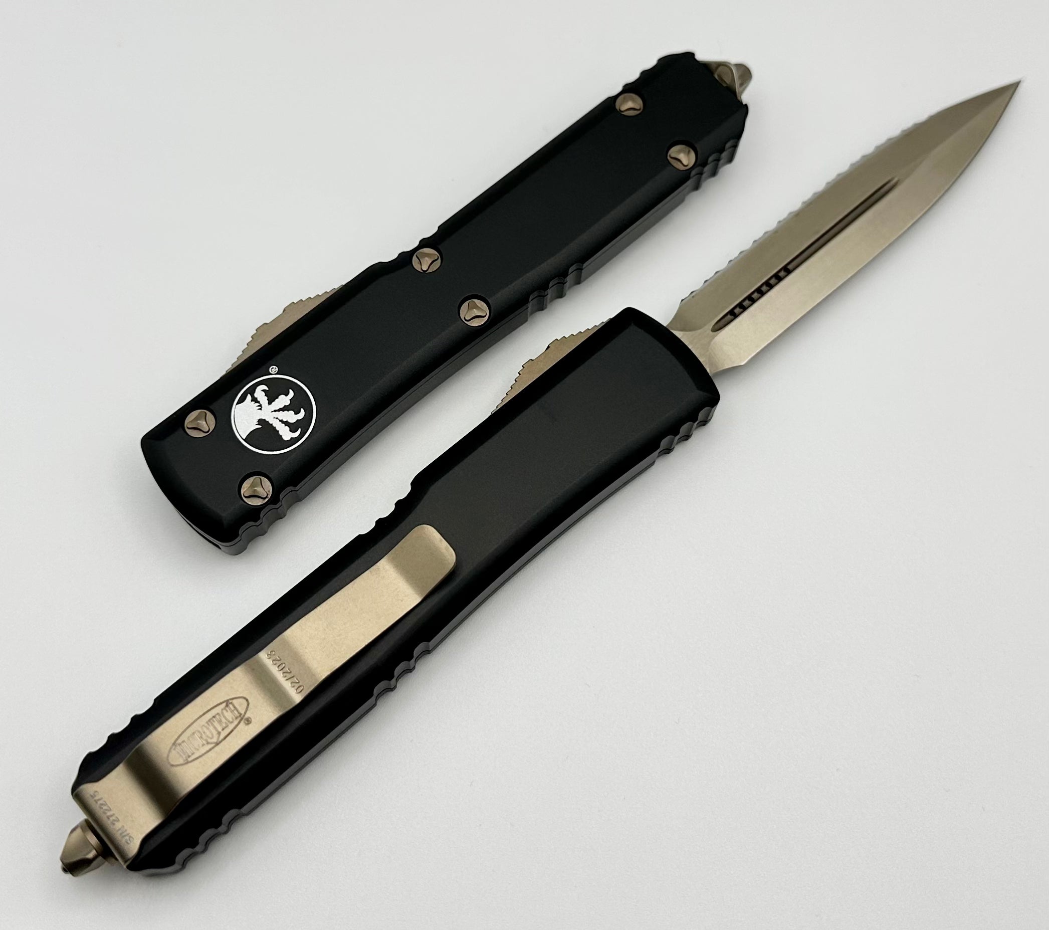 Premium Microtech Ultratech Black Double Edge Knife - Full Serrated Bronze & Black