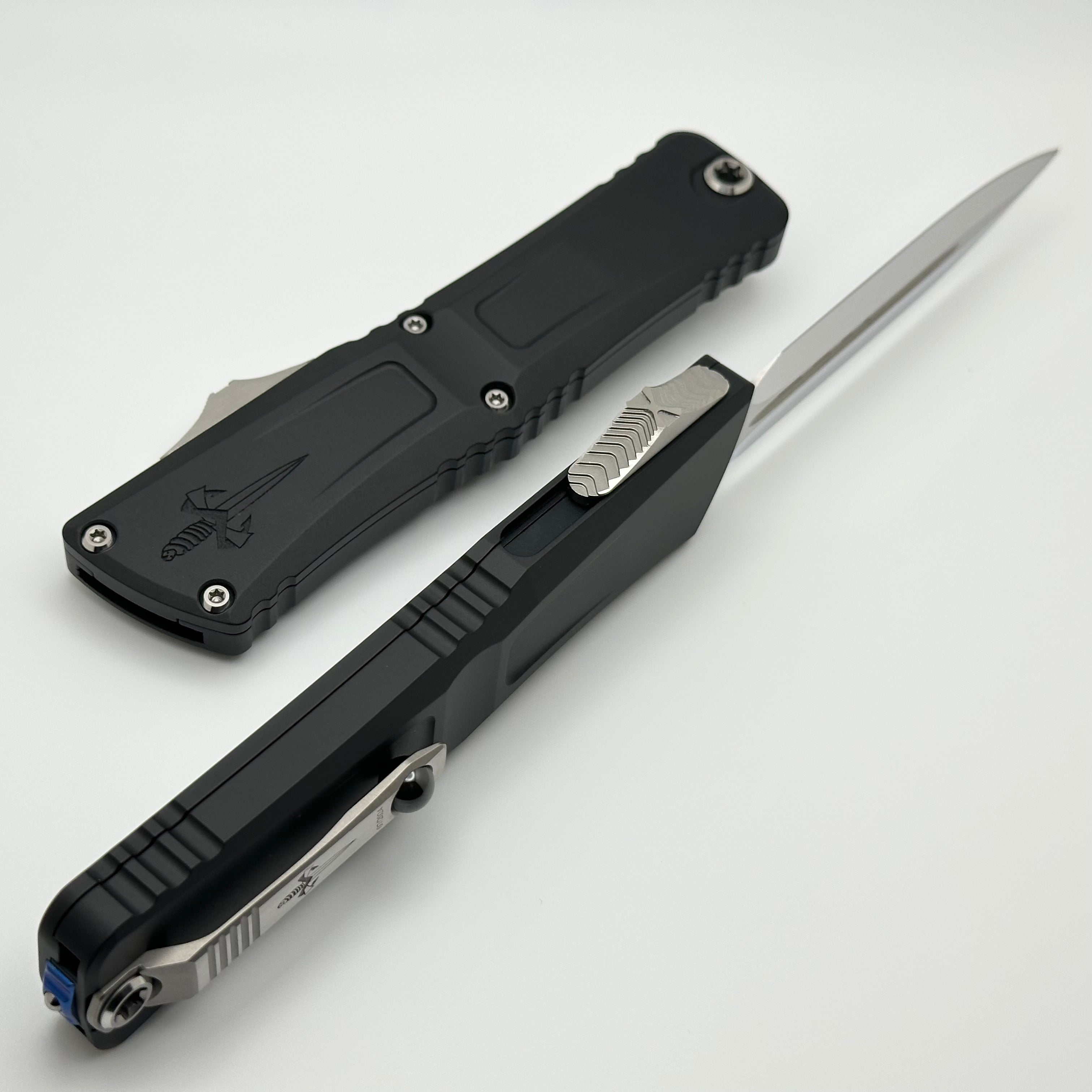 Marfione Custom Knives Ultimate Combat Troodon LT Gen III - Mirror Polished D/E with Black Handle & Blue Anodized Breaker