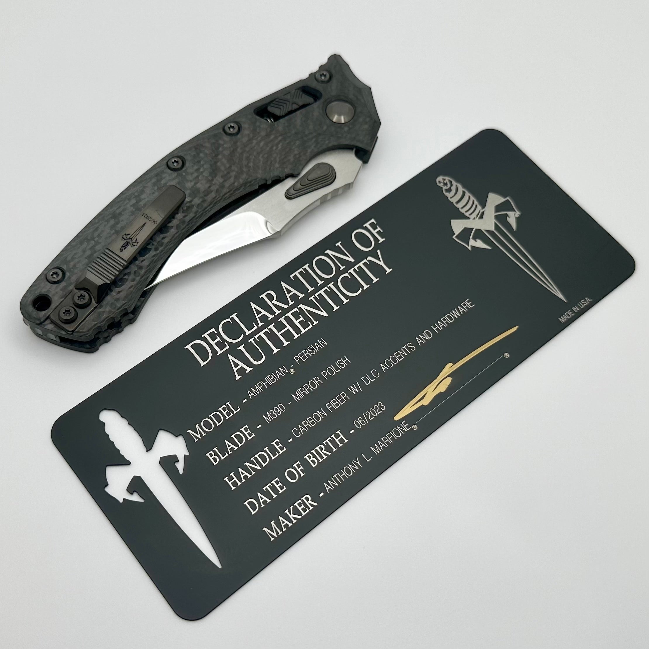 Marfione Custom Amphibian Persian RAM-LOK Knife - Premium M390 Mirror Polish Blade & Carbon Fiber Handles