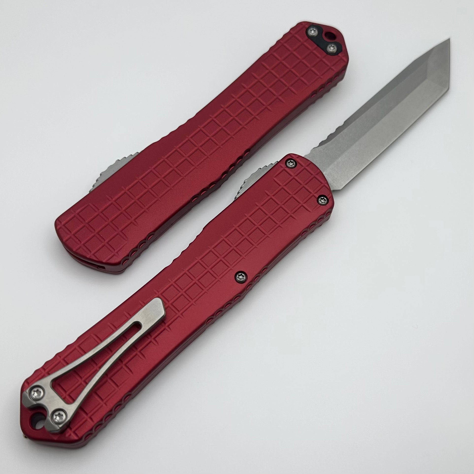 Heretic Knives Manticore X Ultimate Tactical OTF Knife - Red Frag Handle & Stonewash Tanto MagnaCut