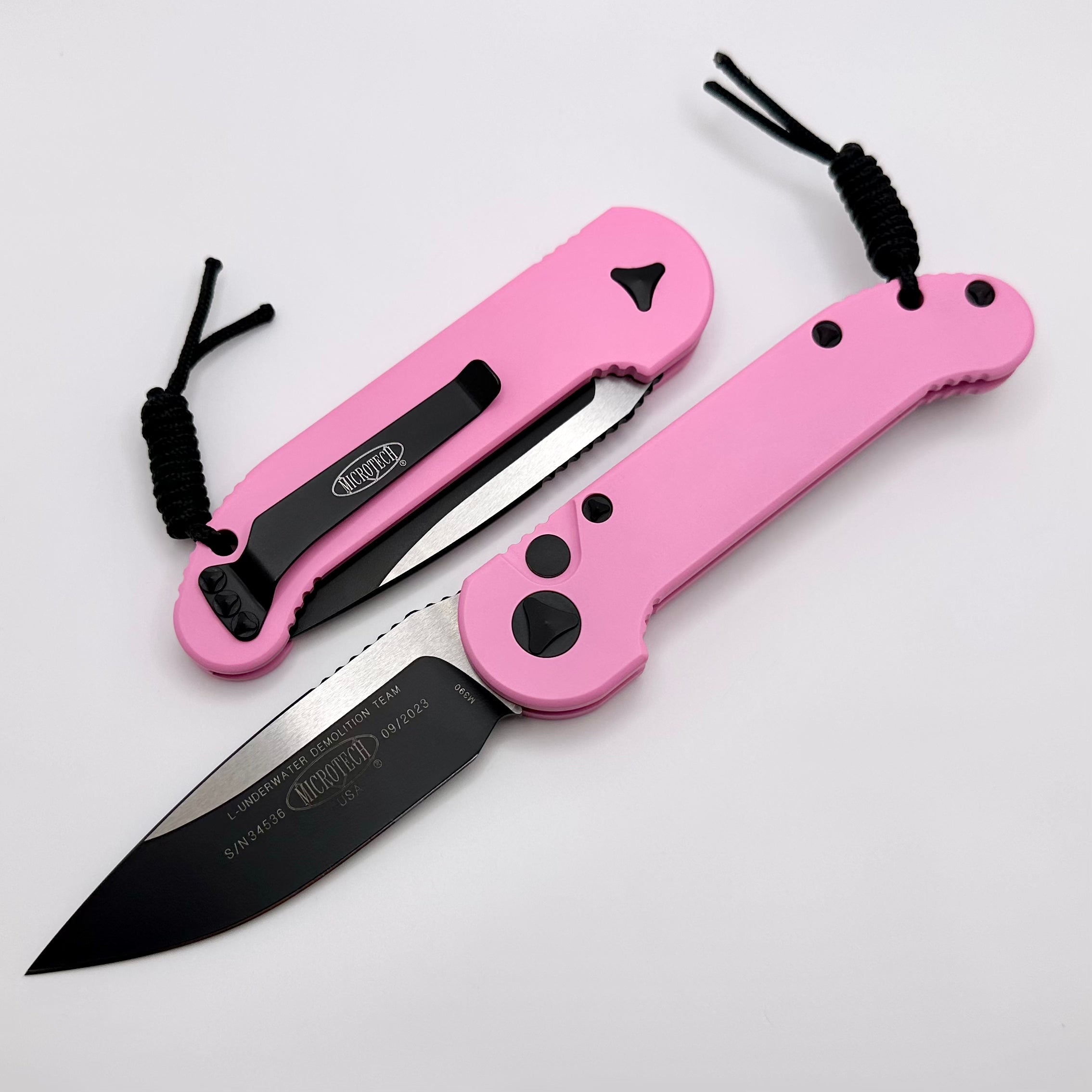 Microtech L.U.D.T Ultimate Tactical Knife - Pink Handle & Two-Tone Black Blade