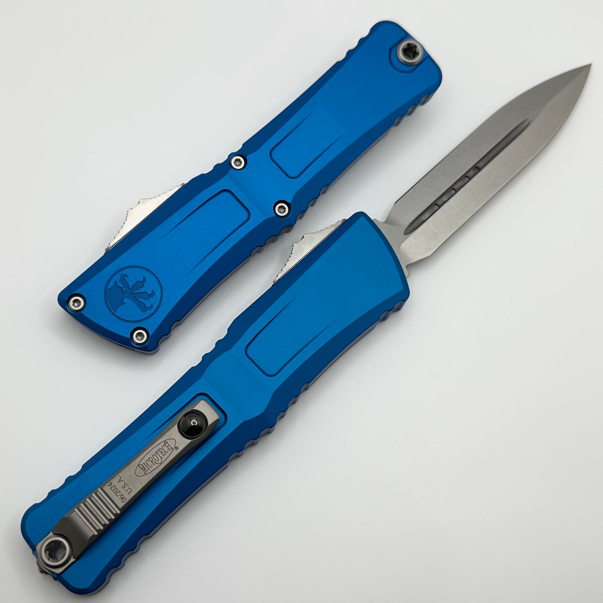 Microtech Premium Combat Troodon Gen III OTF Knife - Stonewash Double Edge with Blue Handle