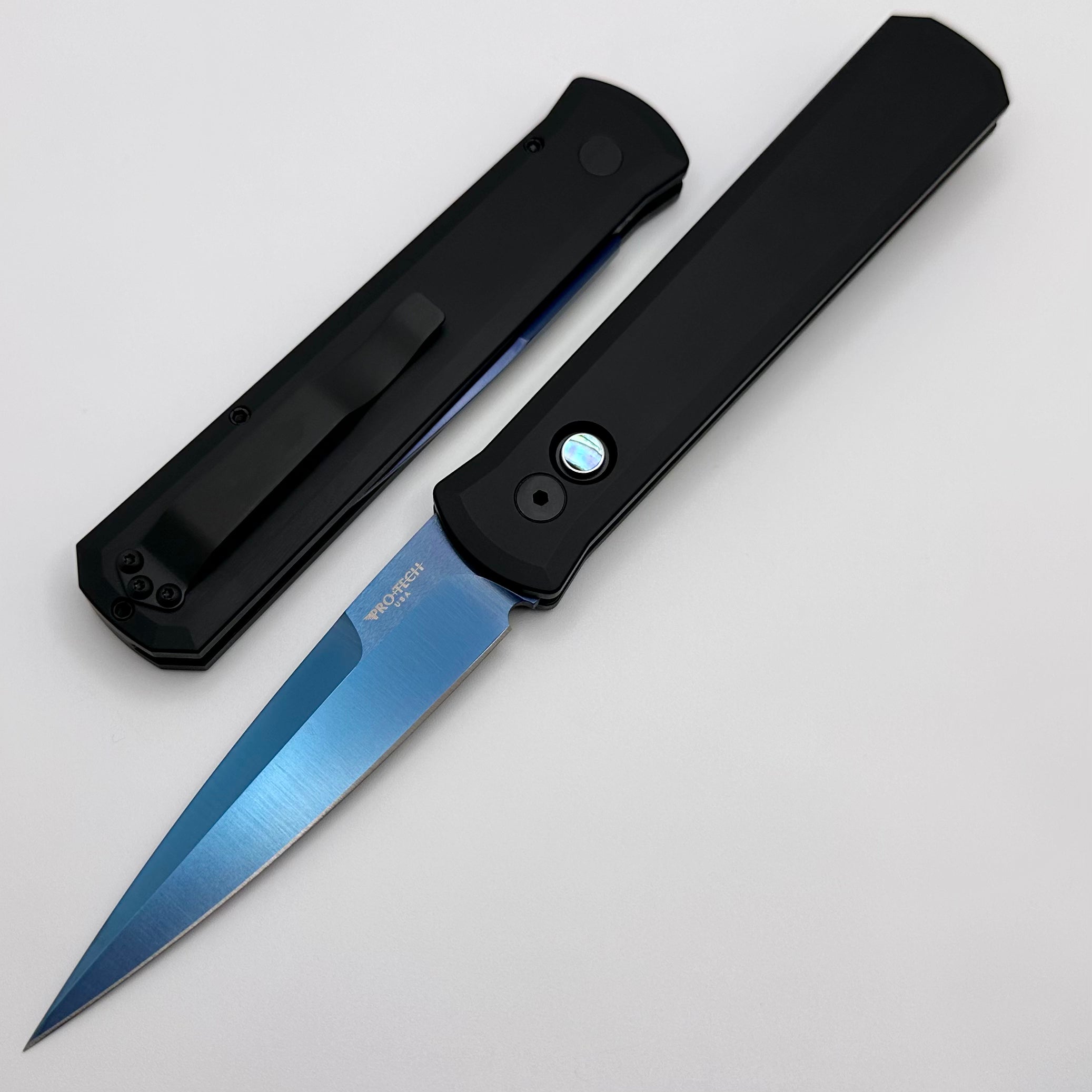 Pro-Tech Godfather Premium Automatic Knife - Black Handle with Abalone Button & Satin Sapphire Blue Blade