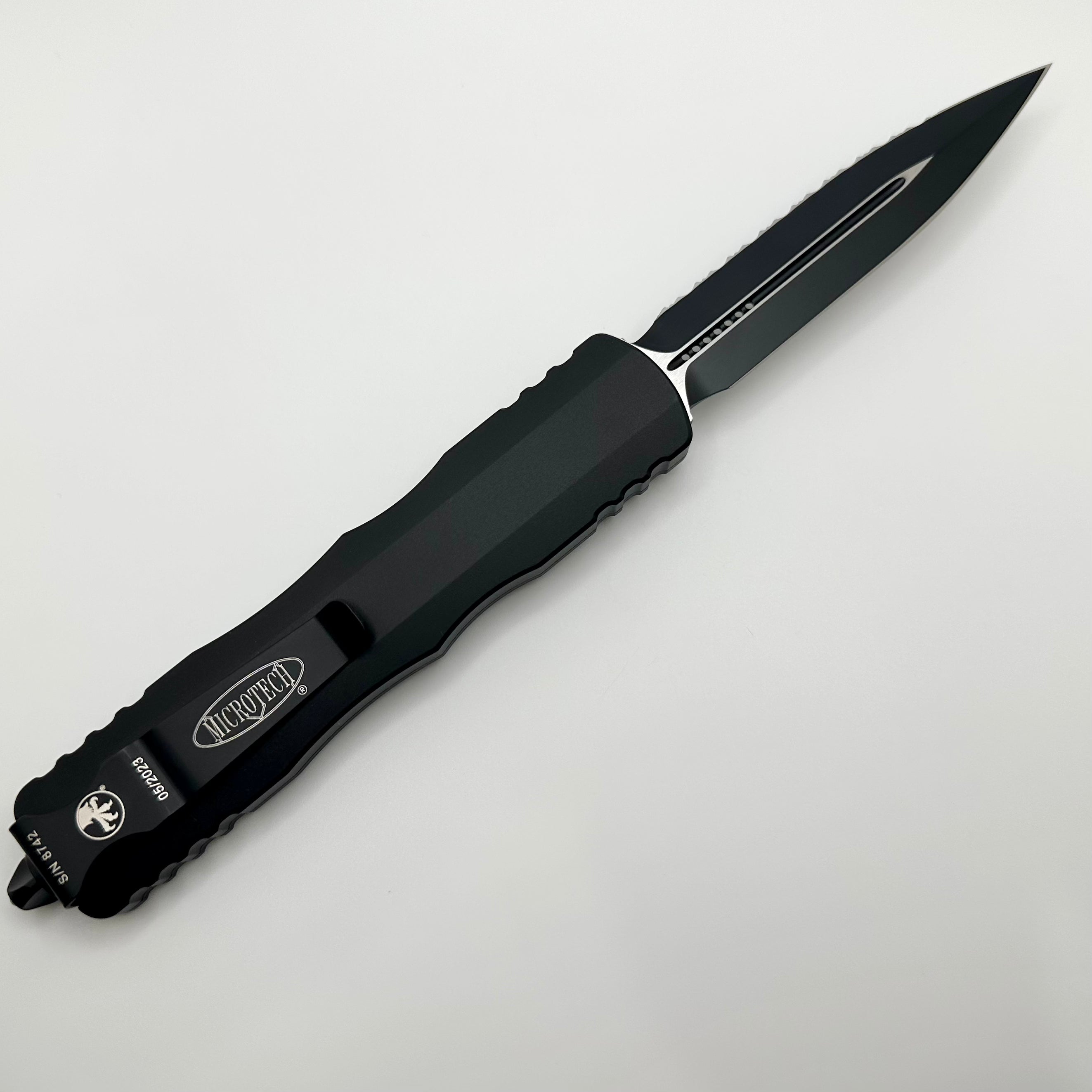 Microtech Dirac Delta D/E Black Tactical Fully Serrated OTF Knife - Premium Pre-Owned