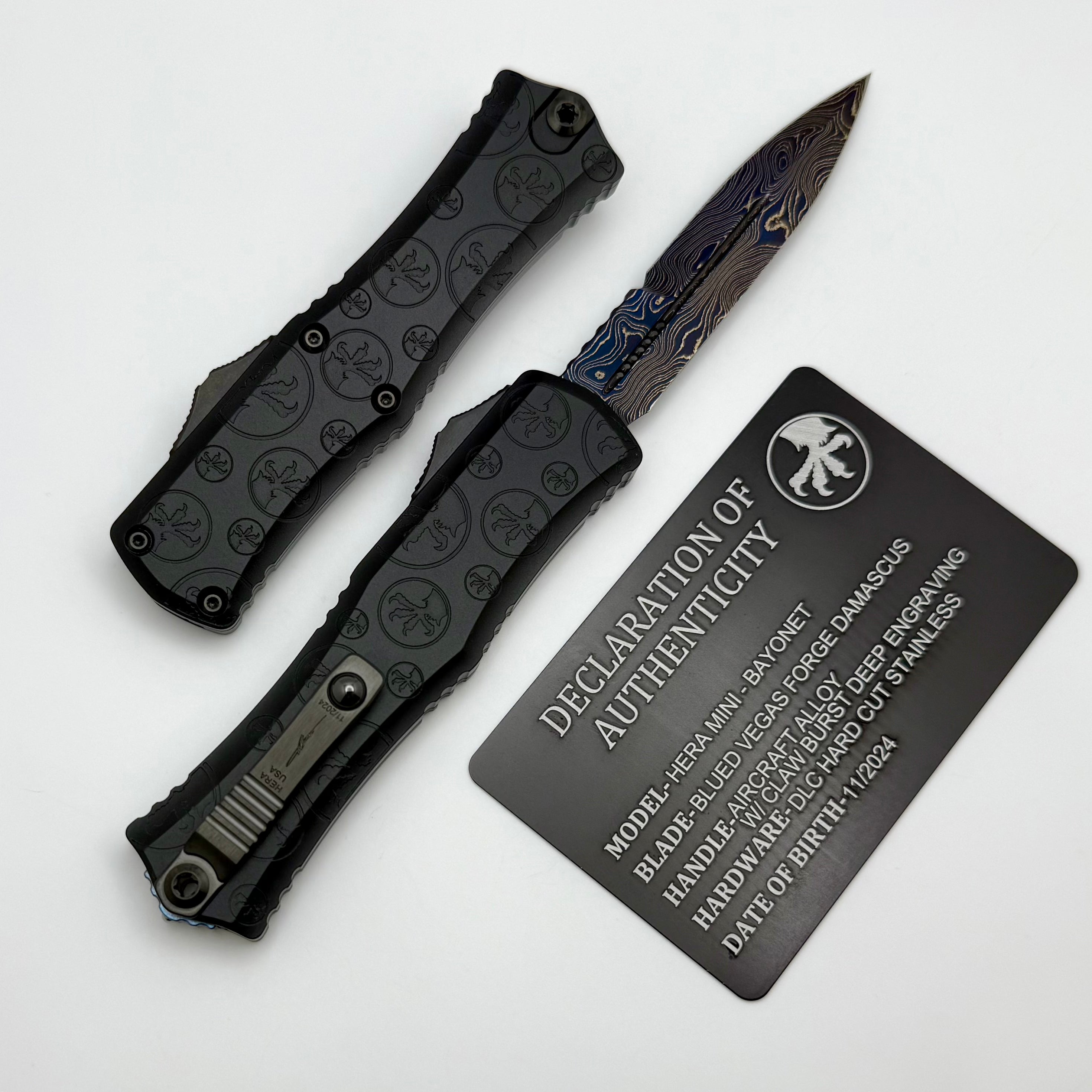 Microtech Marfione Select Hera II Mini - Premium Damascus Blade with Black Claw Burst Engraved Handle